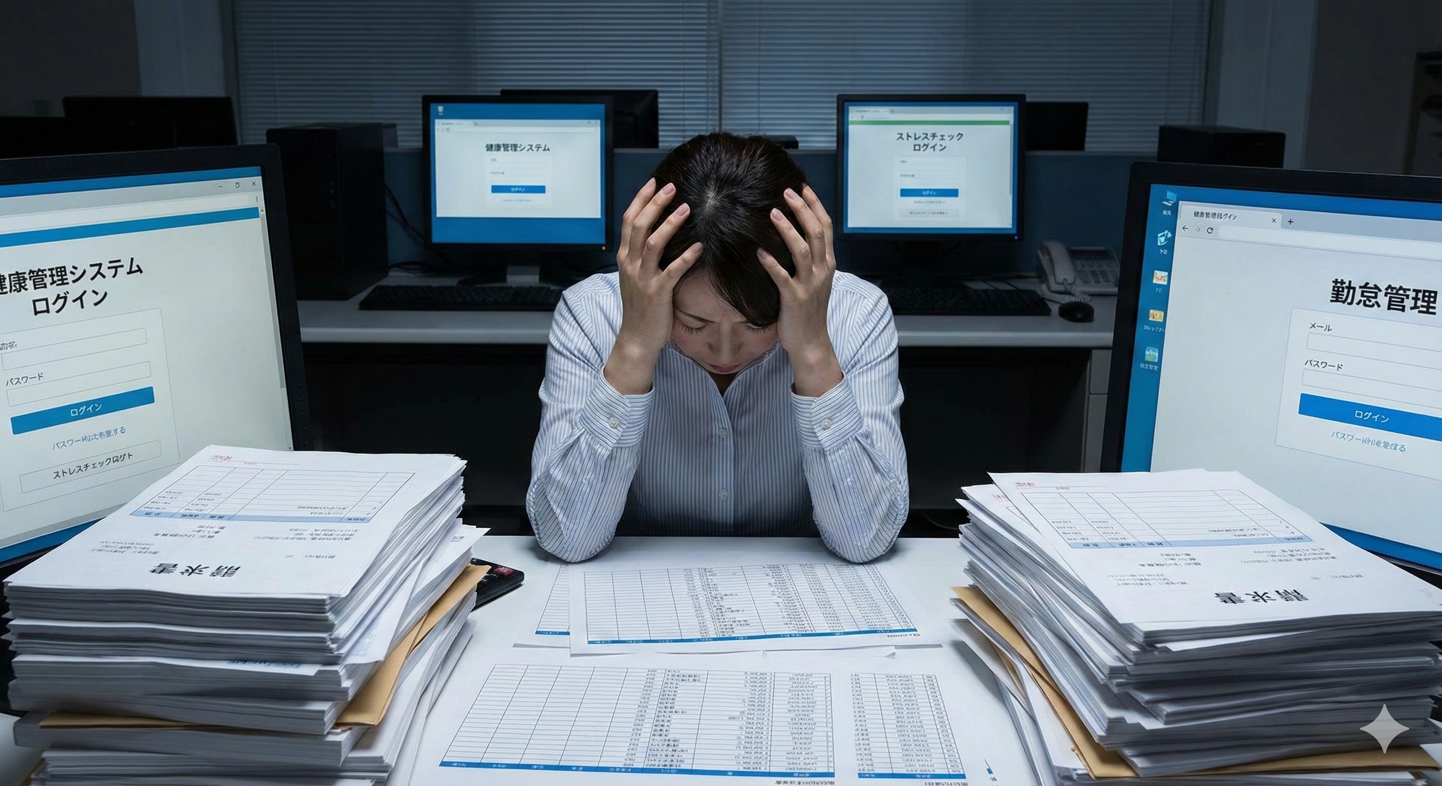 デスクの上に請求書や異なるシステムのログイン画面、Excelの山が散乱し、頭を抱える人事担当者のイメージ