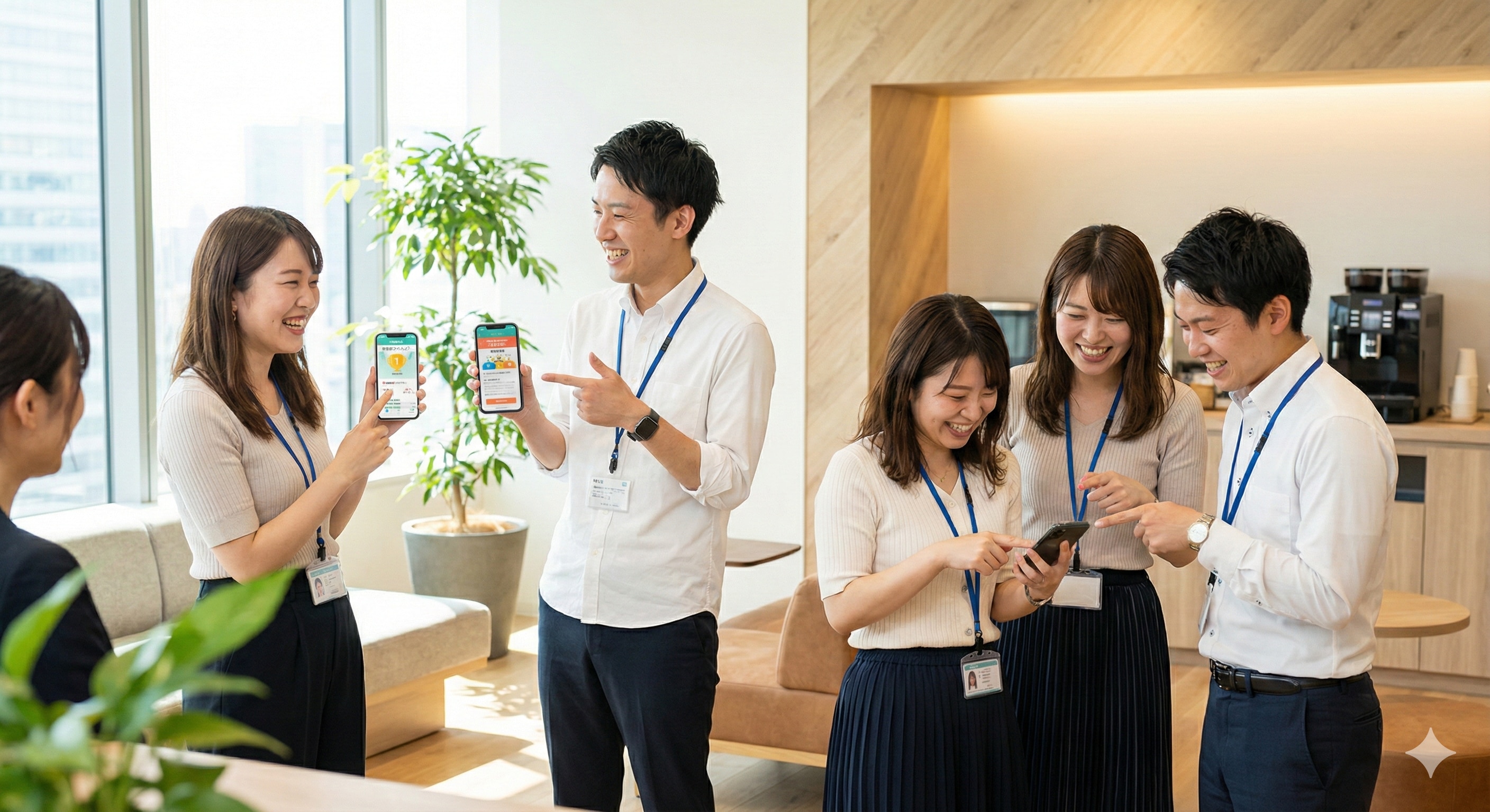 オフィスの休憩スペースで、数人の従業員がスマホを見せ合いながら笑顔で会話している写真。明るく活気のある雰囲気