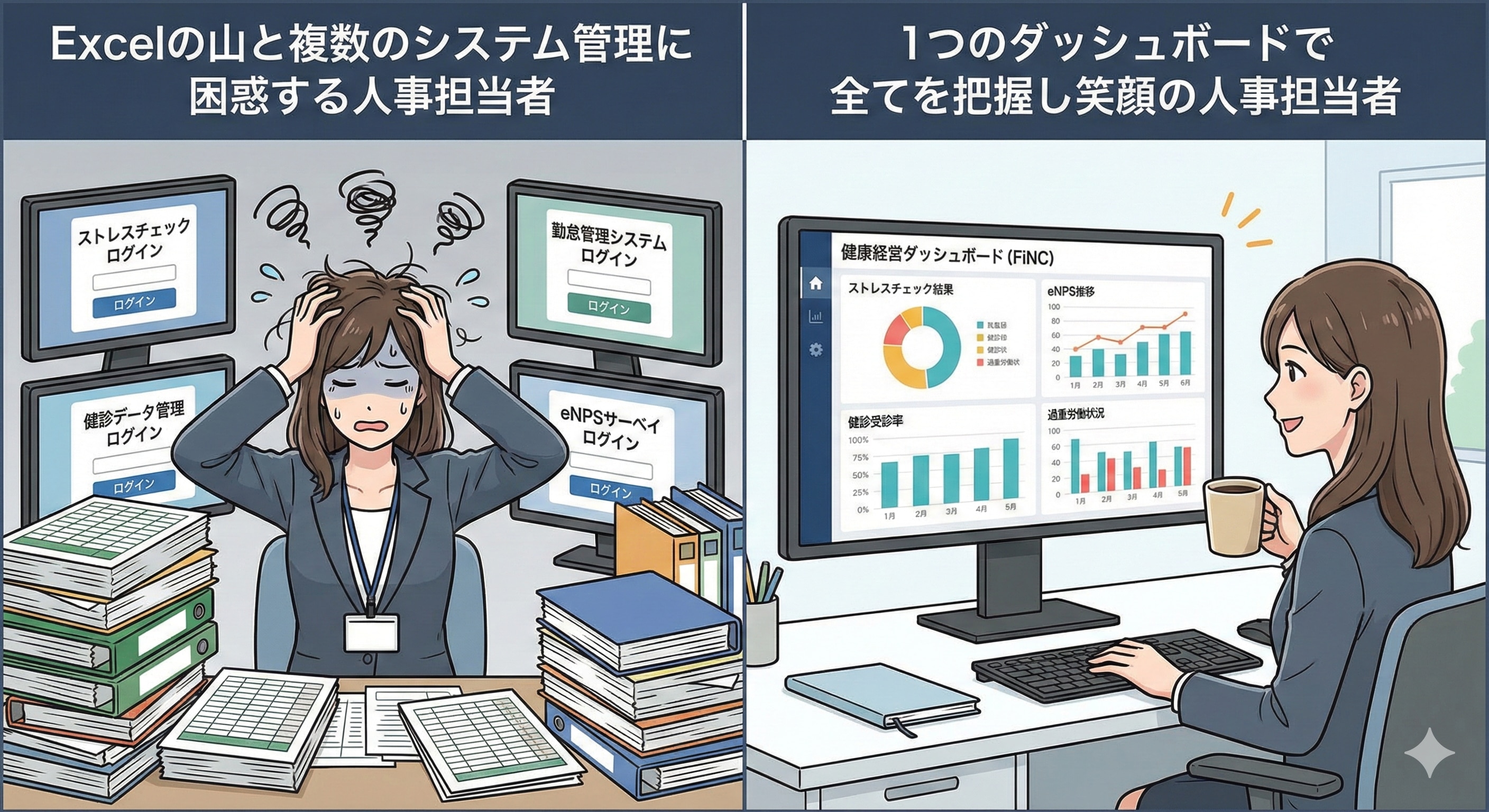 「Excelの山と複数のログイン画面に困惑する人事担当者」、「1つのダッシュボードで全てを把握し笑顔の人事担当者」の対比イラスト