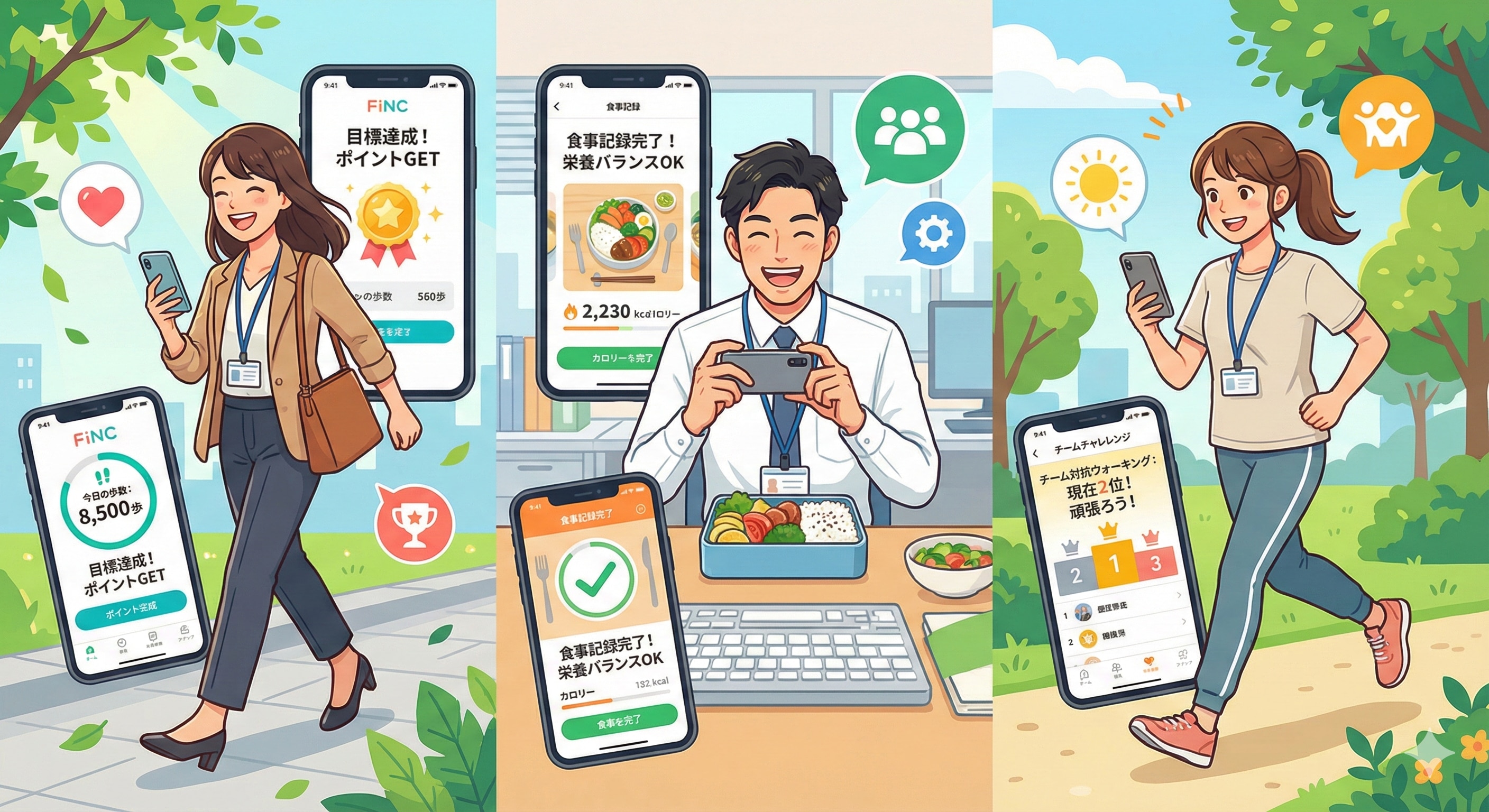 スマートフォンアプリを見ながら笑顔でウォーキングや食事管理をしている従業員のイラスト