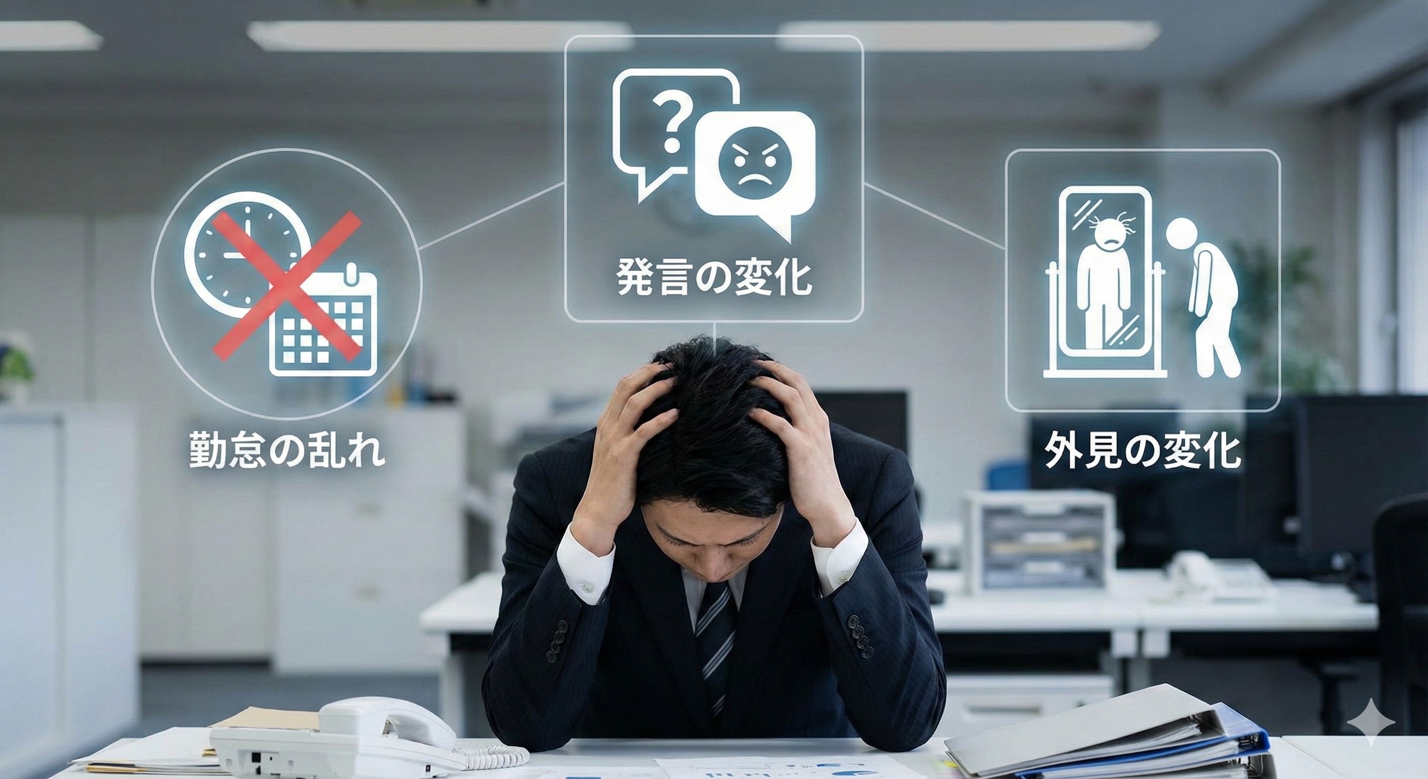 オフィスで頭を抱えるビジネスパーソンと、メンタル不調のサイン(勤怠の乱れ、発言の変化、外見の変化)を示す3つのアイコン