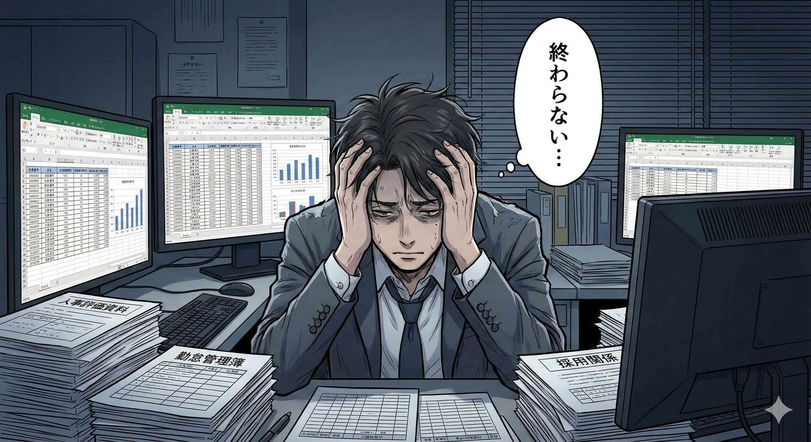 複雑なExcelの表と大量の紙資料に埋もれて疲弊する人事担当者のイラスト