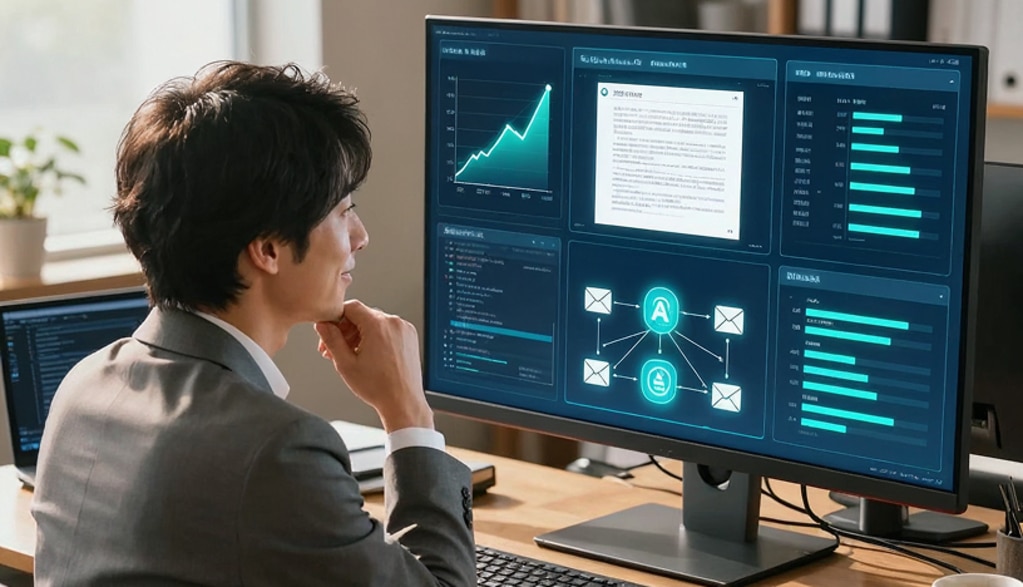 スーツ姿の男性が、AIやデータ分析のダッシュボードが表示されたPCモニターを見ている写真