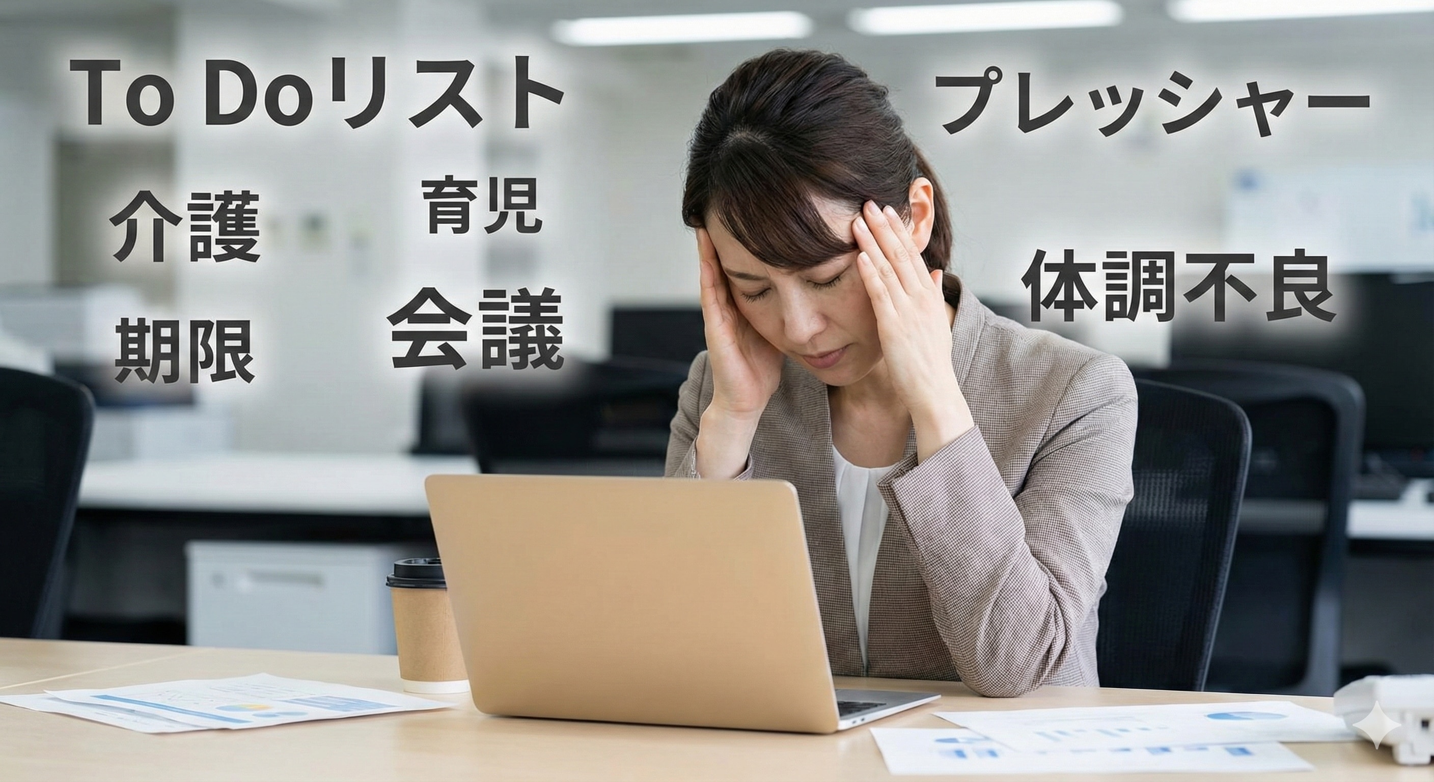 オフィスでパソコンの前で頭を抱え、疲労やストレスに悩む女性マネージャーの様子。「To Doリスト」「介護」「育児」「期限」「会議」「プレッシャー」「体調不良」といった、彼女を圧迫する様々な要因を示すキーワードが背景に浮かび上がっている。