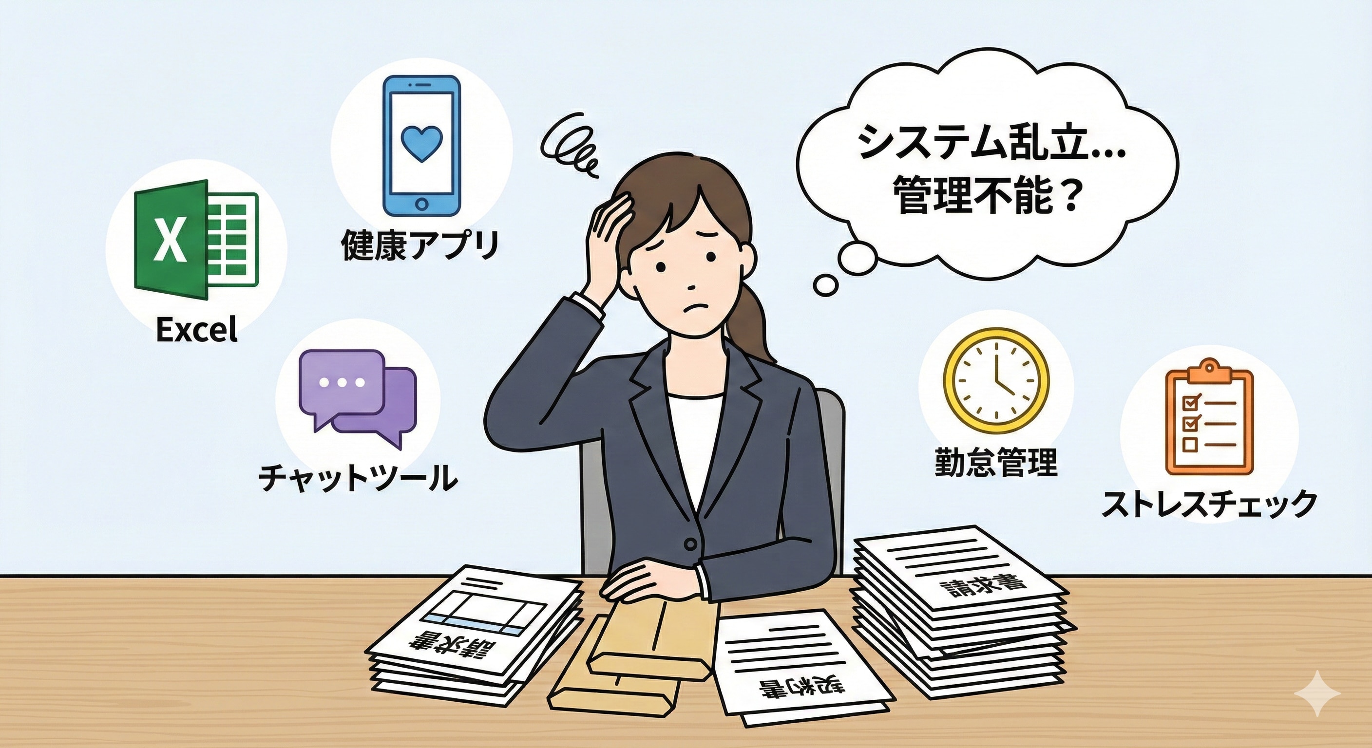 デスクで頭を抱え困惑する女性人事担当者のイラスト。Excel、健康アプリ、チャットツール、勤怠管理、ストレスチェックなど複数のシステムアイコンが浮遊し、机には「請求書」の山が積まれている。「システム乱立…管理不能？」と悩んでいる様子。
