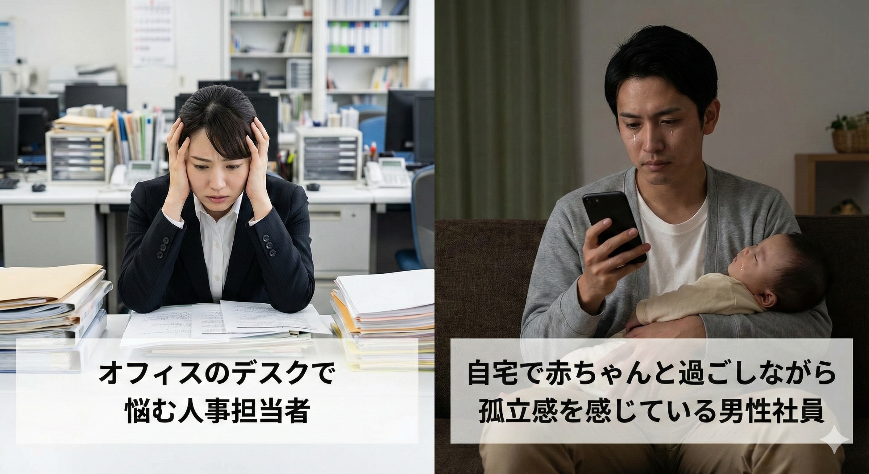 左右に分割されたイメージ画像。左側は「オフィスのデスクで悩む人事担当者」というテキストとともに、書類が山積みになったデスクで頭を抱えるスーツ姿の女性が写っている。右側は「自宅で赤ちゃんと過ごしながら孤立感を感じている男性社員」というテキストとともに、自宅で赤ちゃんを抱きながら、寂しそうな表情でスマートフォンを見つめる男性が写っている。男性育休における企業側の管理負担と、従業員側の孤立という課題を対比させている。