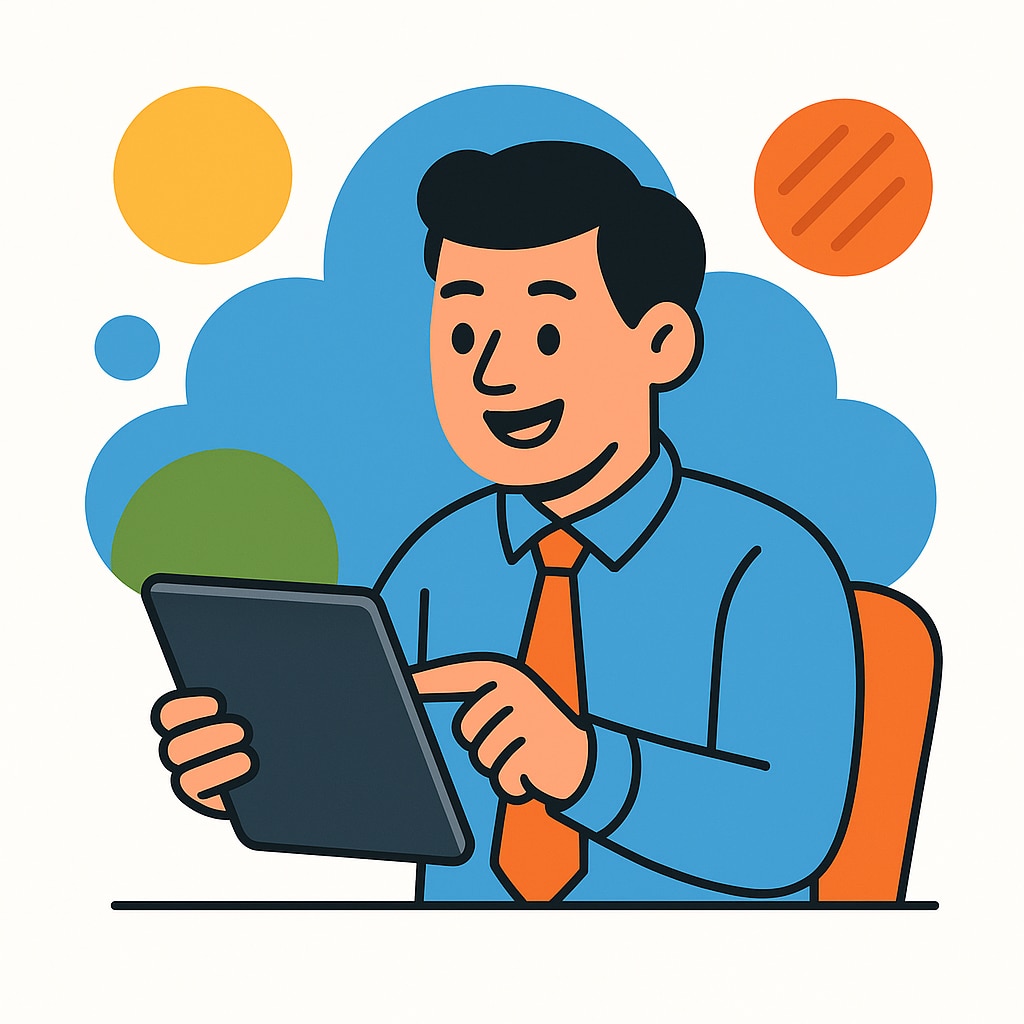 タブレットで学習する男性