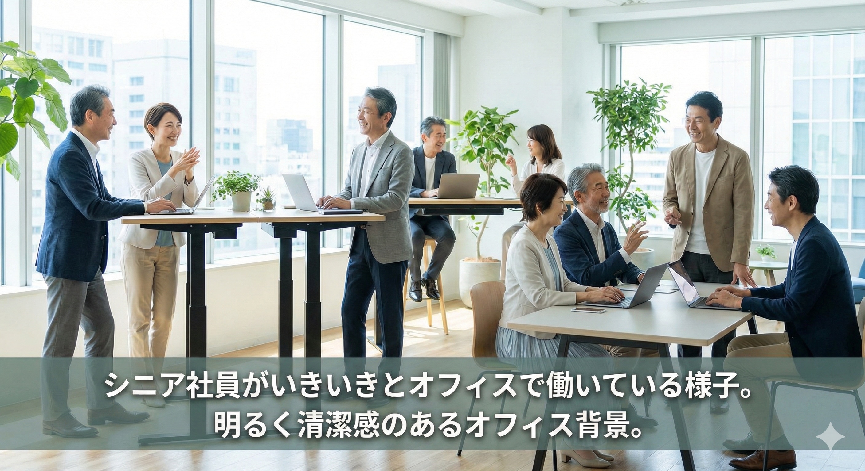 シニア社員がいきいきとオフィスで働いている様子。明るく清潔感のあるオフィス背景