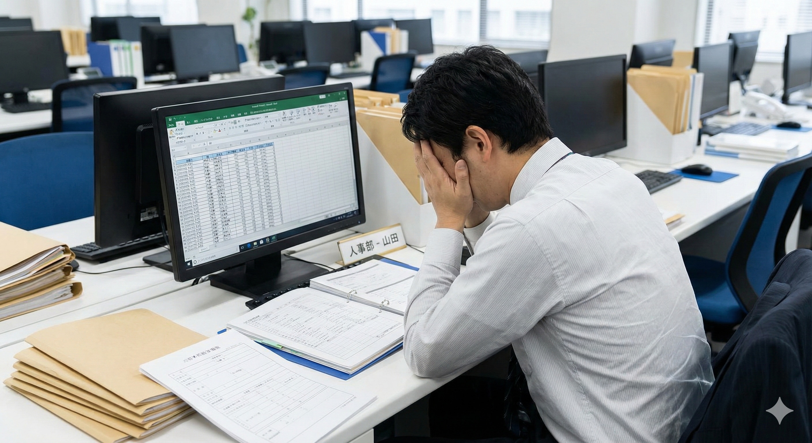 デスクの上で大量の書類やExcel画面に囲まれ、頭を抱えている人事担当者