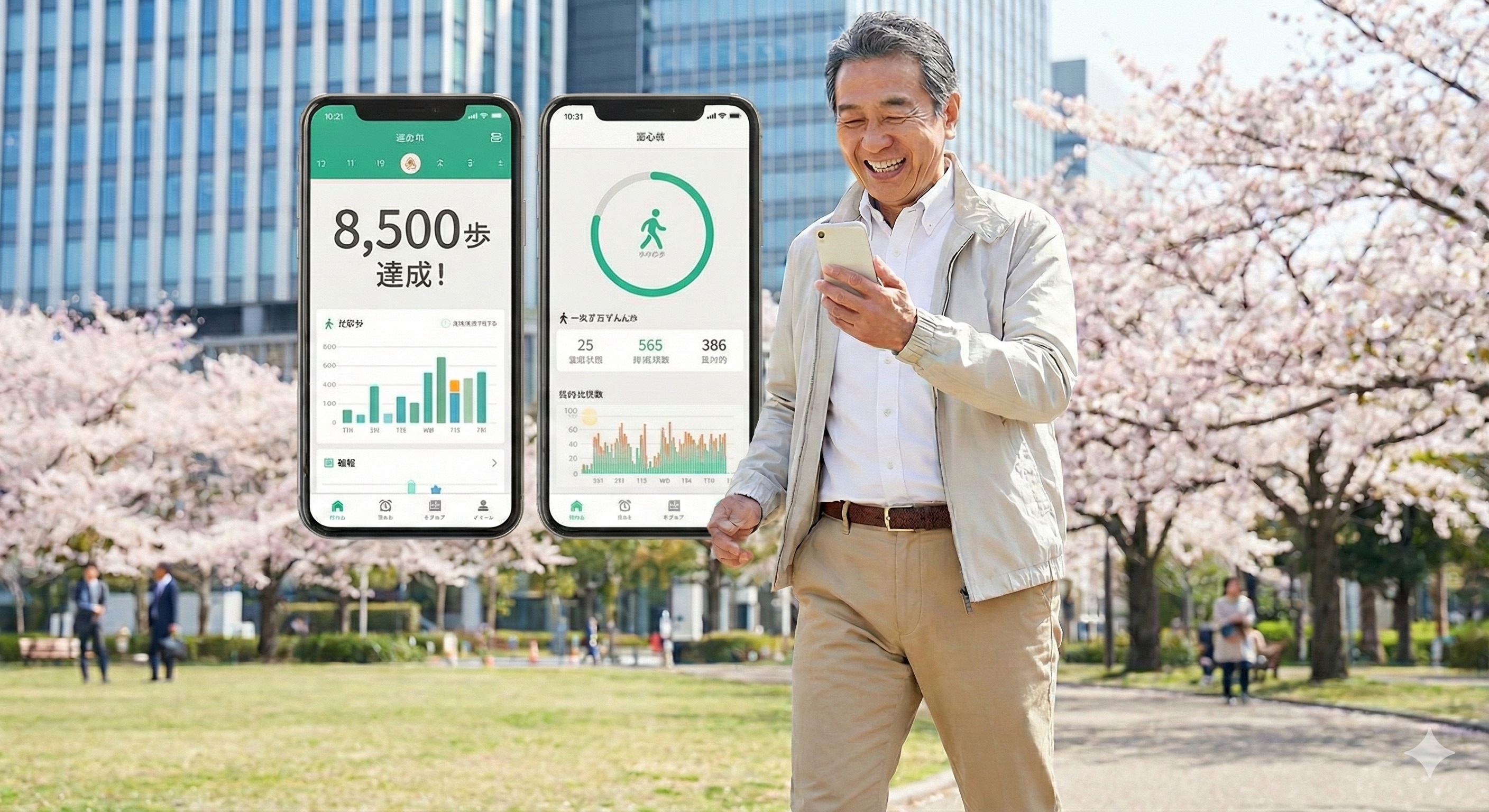 スマートフォンの健康アプリ画面を見ながら、笑顔でウォーキングをしているシニア社員