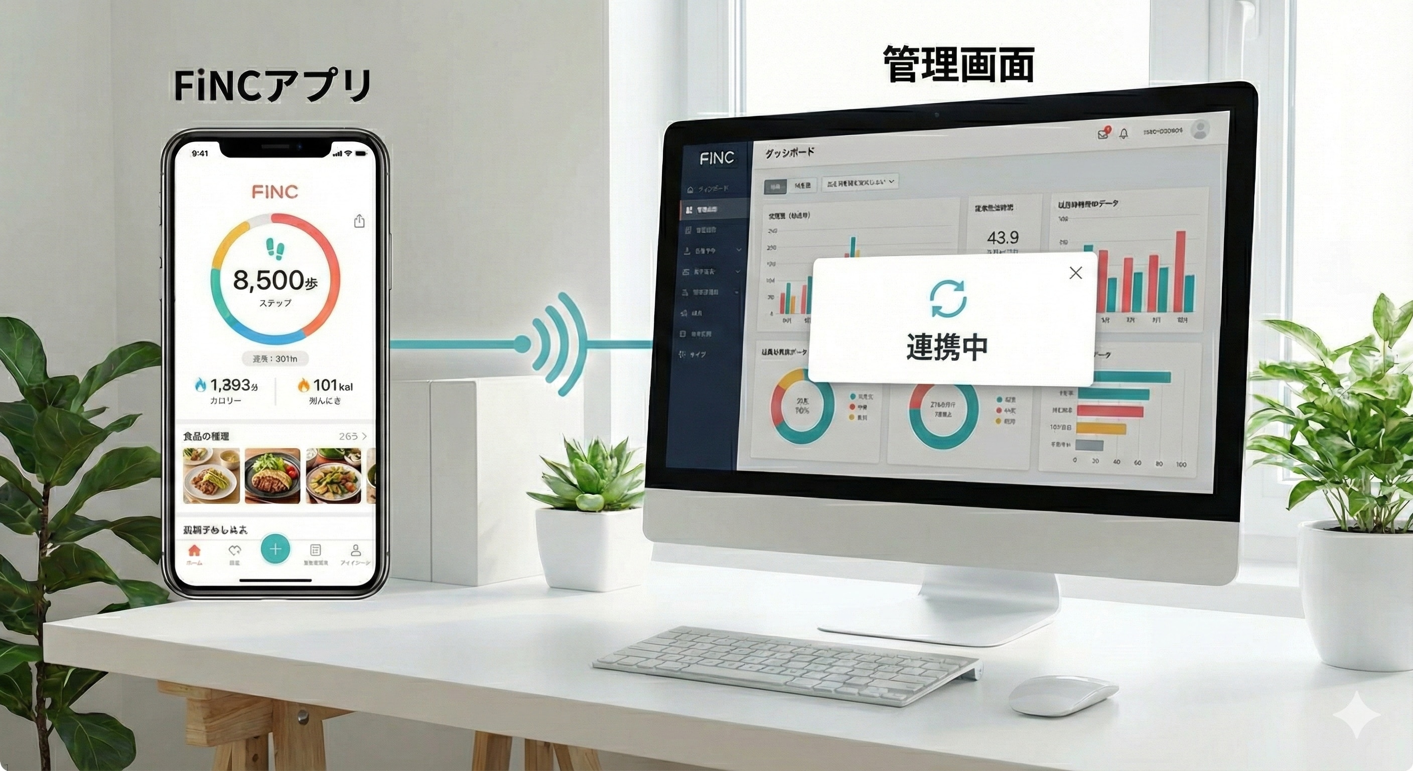 FiNCアプリと管理画面のイメージ図。スマホとPCが連携している様子。
