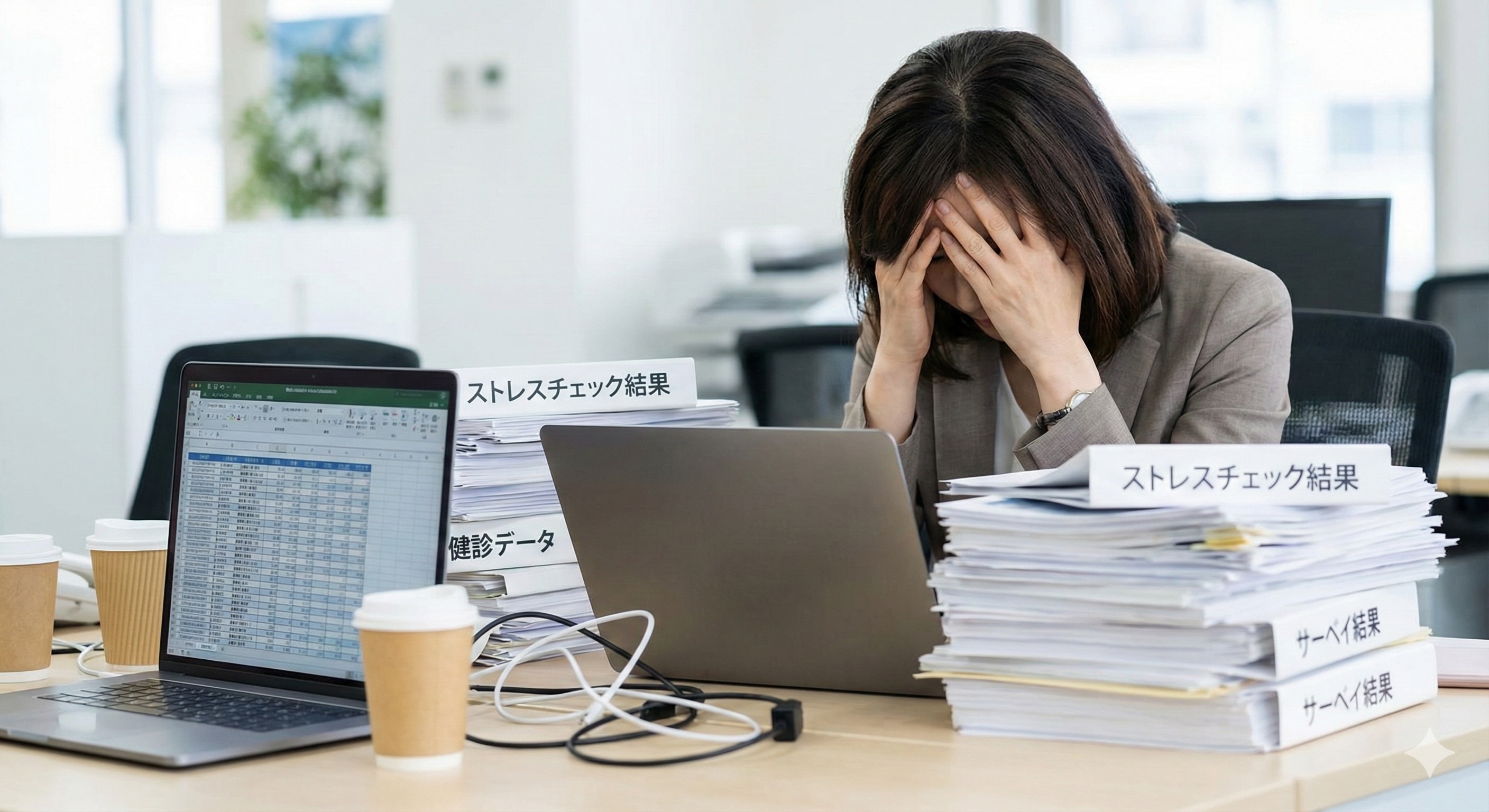 パソコンの前で頭を抱える人事担当者。机の上には「ストレスチェック結果」「健診データ」「サーベイ結果」と書かれた書類が山積みになっている