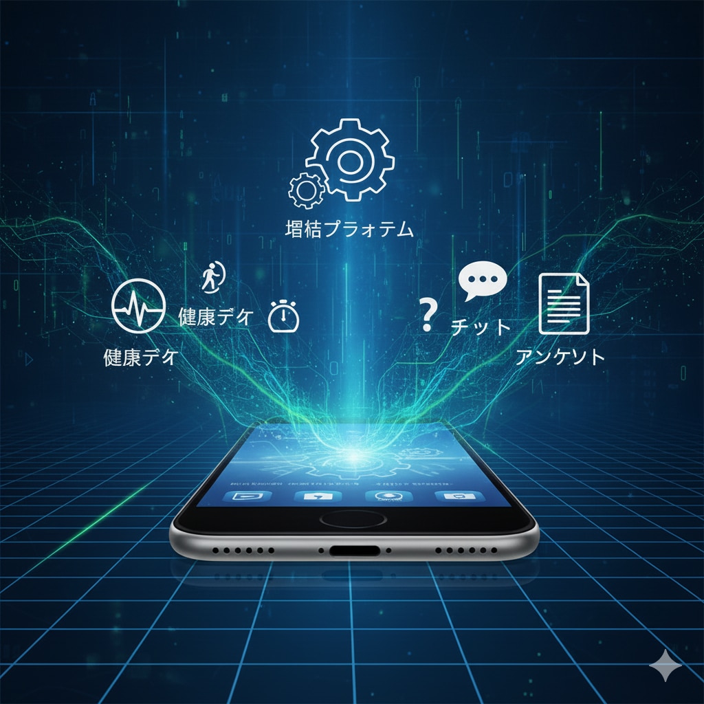 スマートフォンの画面から、健康データ、チャット、アンケートなどのアイコンが飛び出し、一つに統合されていくイメージ図