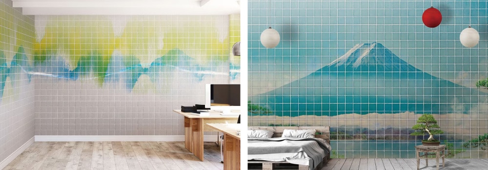 抽象アートと富士山のモザイクタイルの壁紙