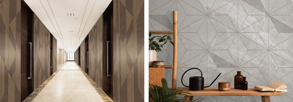 スタイリッシュなウッドパネルと麻の葉柄の石材パネル