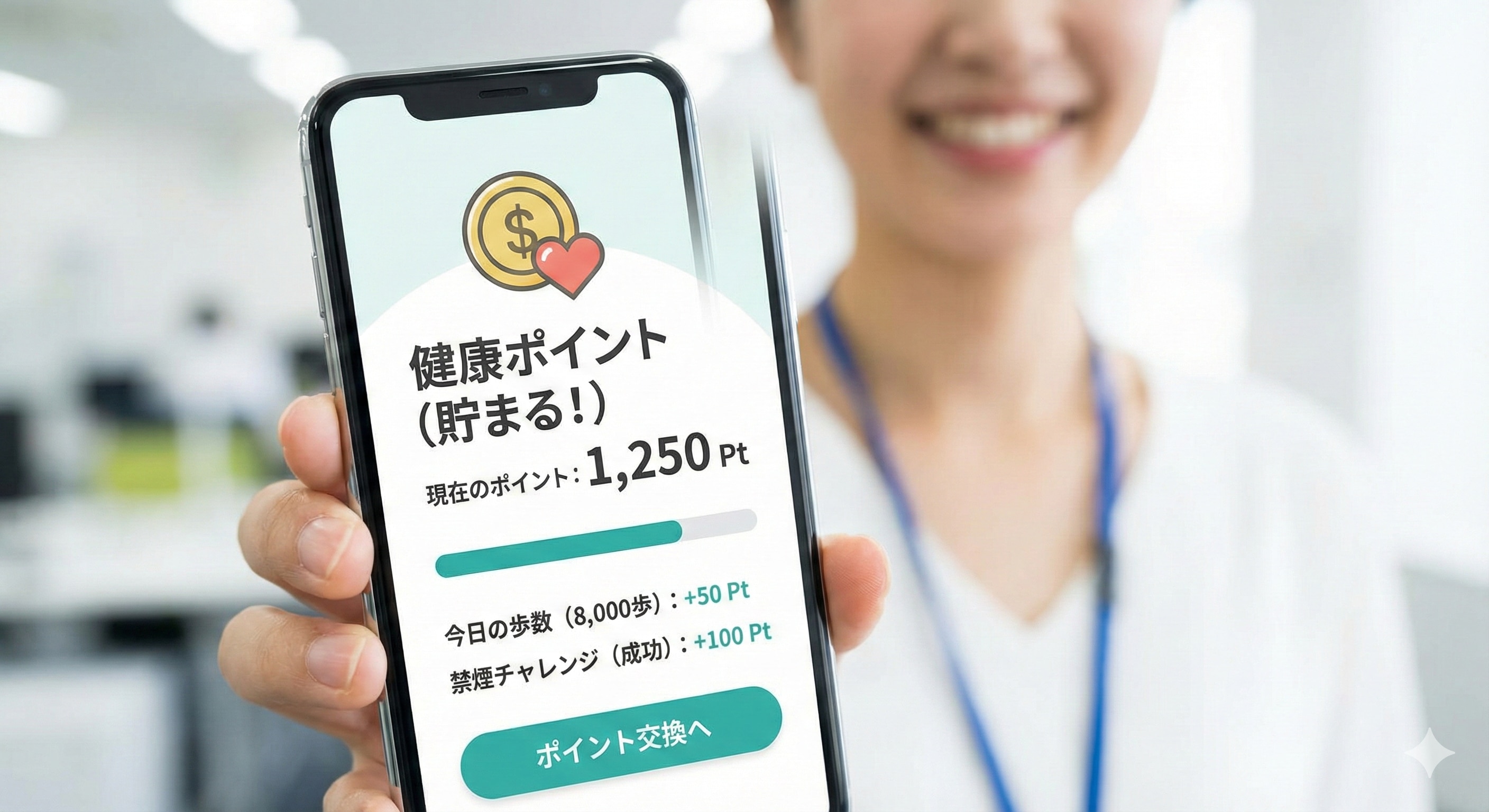 「スマホアプリで健康ポイントが貯まるイメージ」の画像