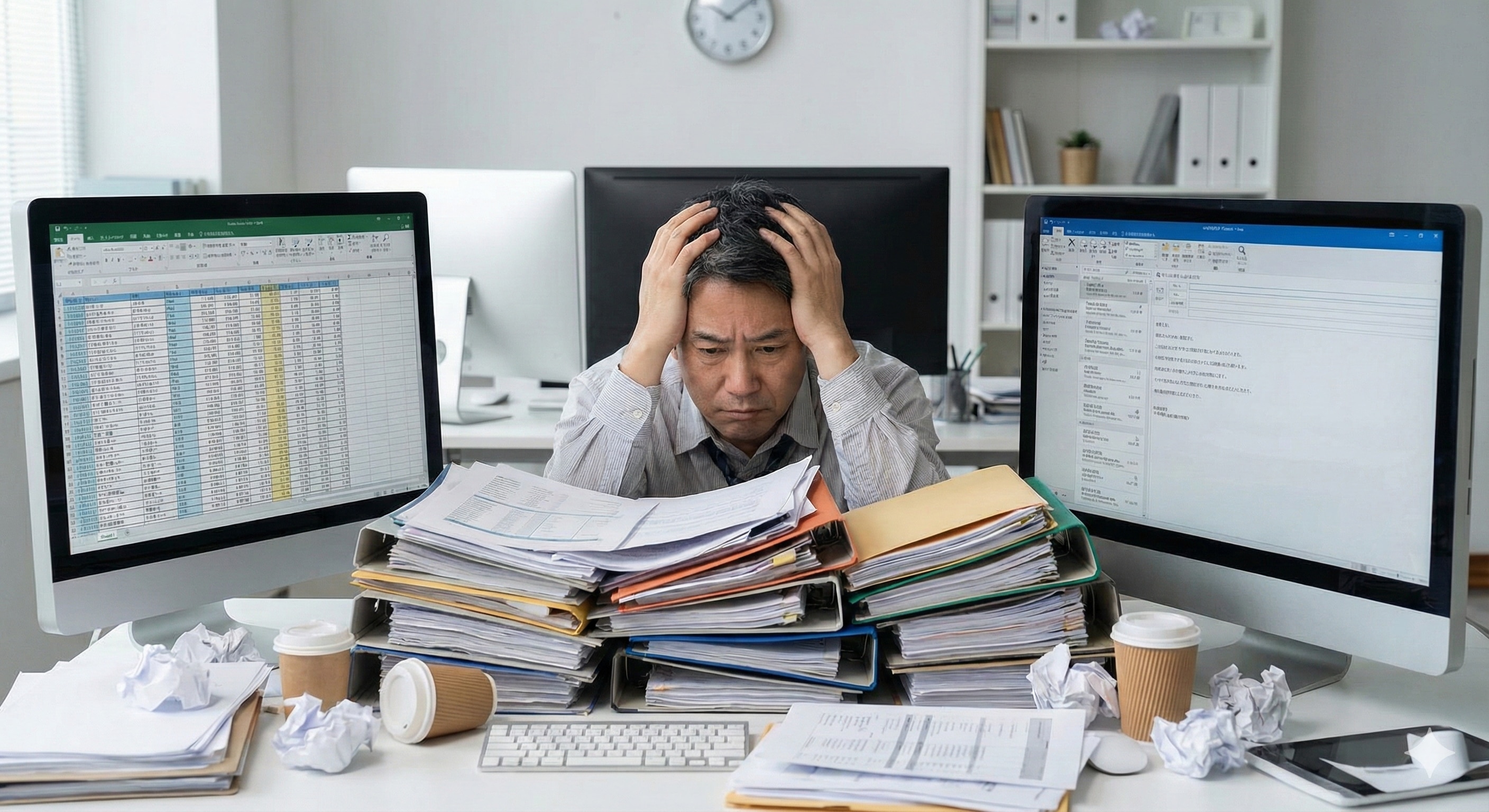 オフィスのデスクに山積みの書類と、複数のモニター画面に囲まれて困惑している人事担当者
