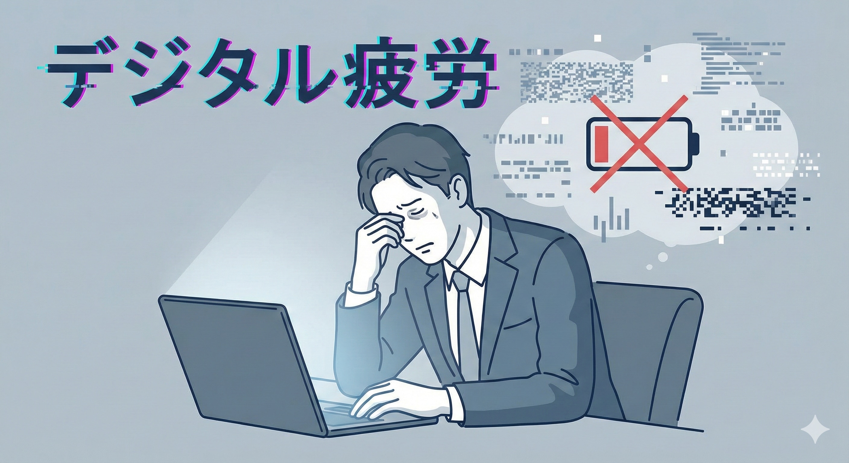 パソコン作業をしていて目を押さえているビジネスパーソン。背後に「デジタルノイズ」や「バッテリー切れアイコン」が浮かぶイラスト