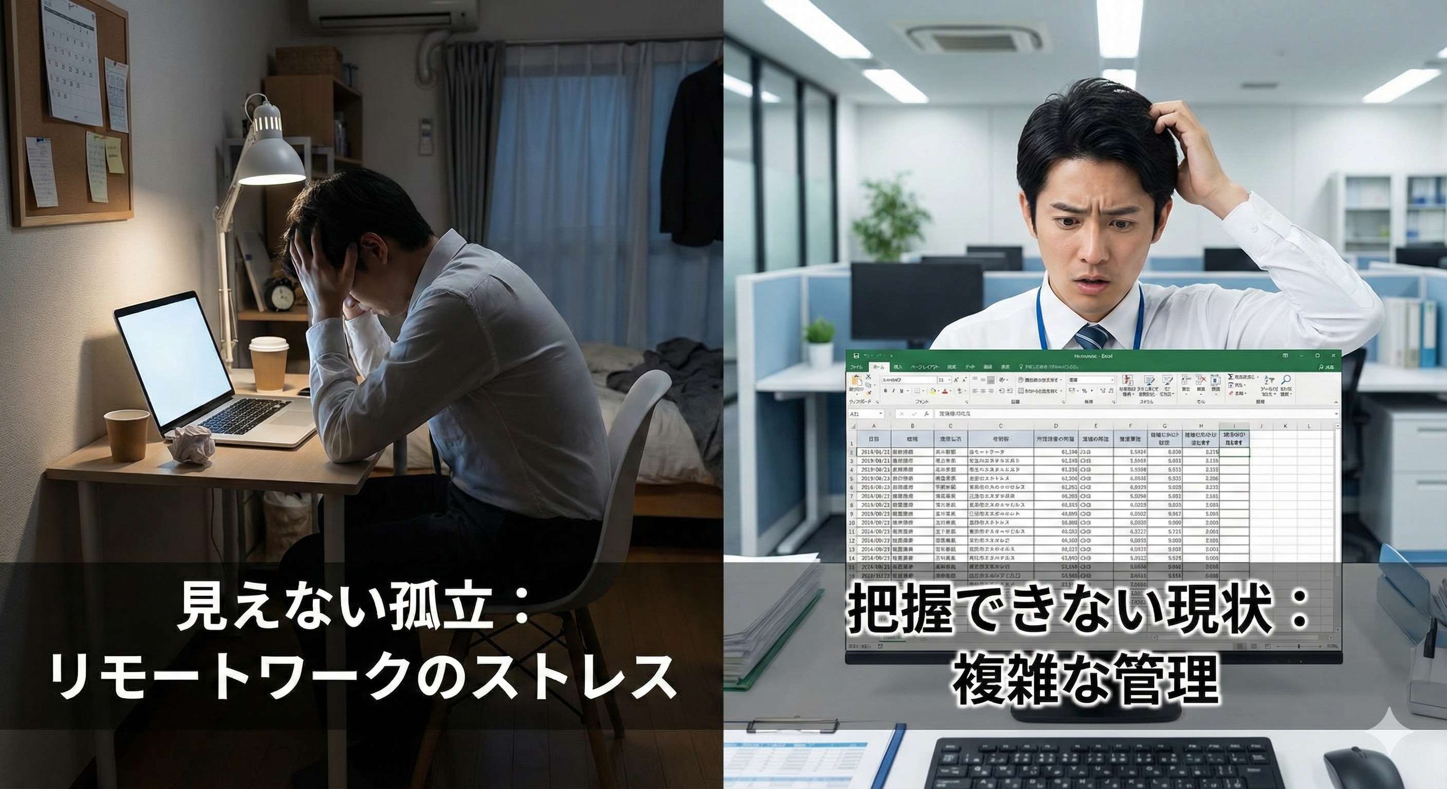 オフィスのデスクや自宅で一人頭を抱える従業員と、それを検知できていない管理側の対比イメージ。