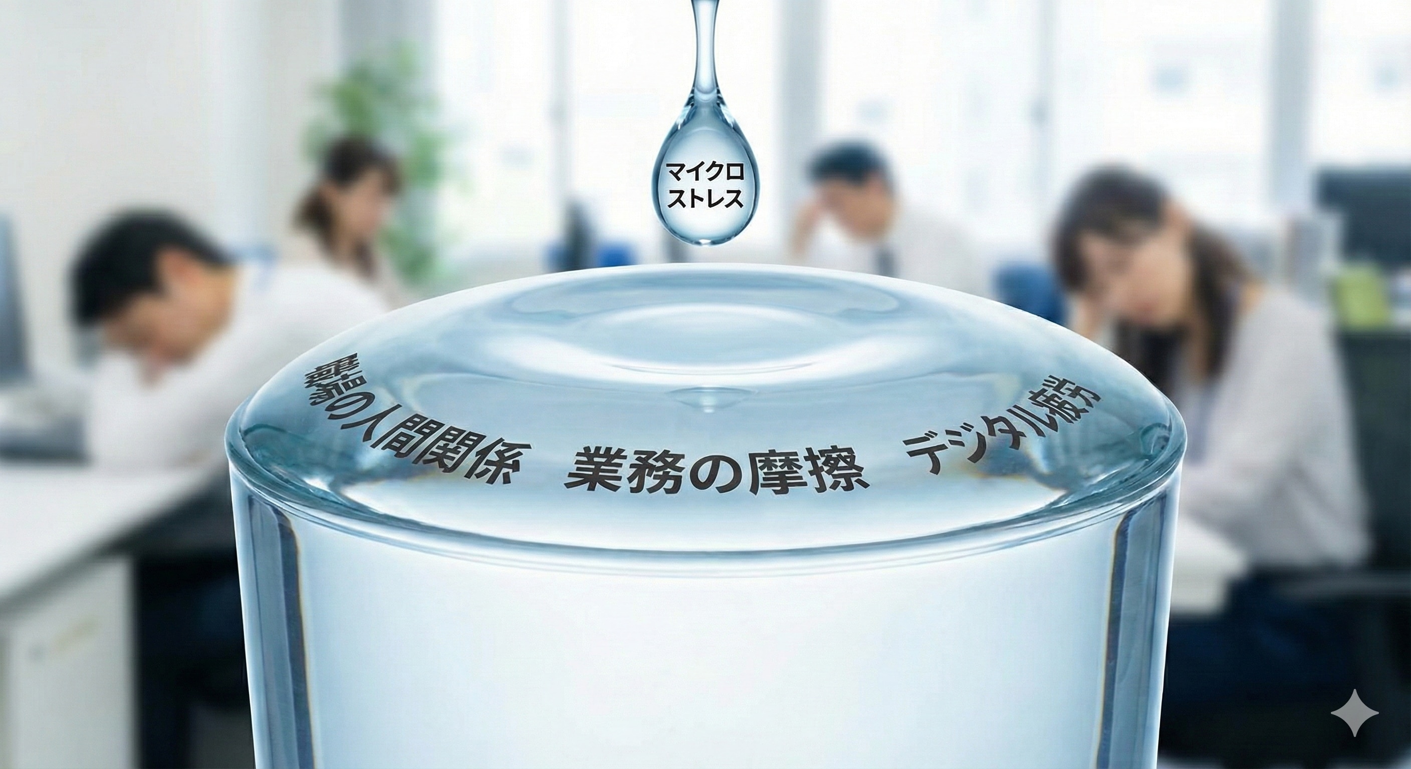 コップの水が表面張力でギリギリ耐えている様子を描写。最後の一滴(マイクロストレス)で溢れ出すイメージ