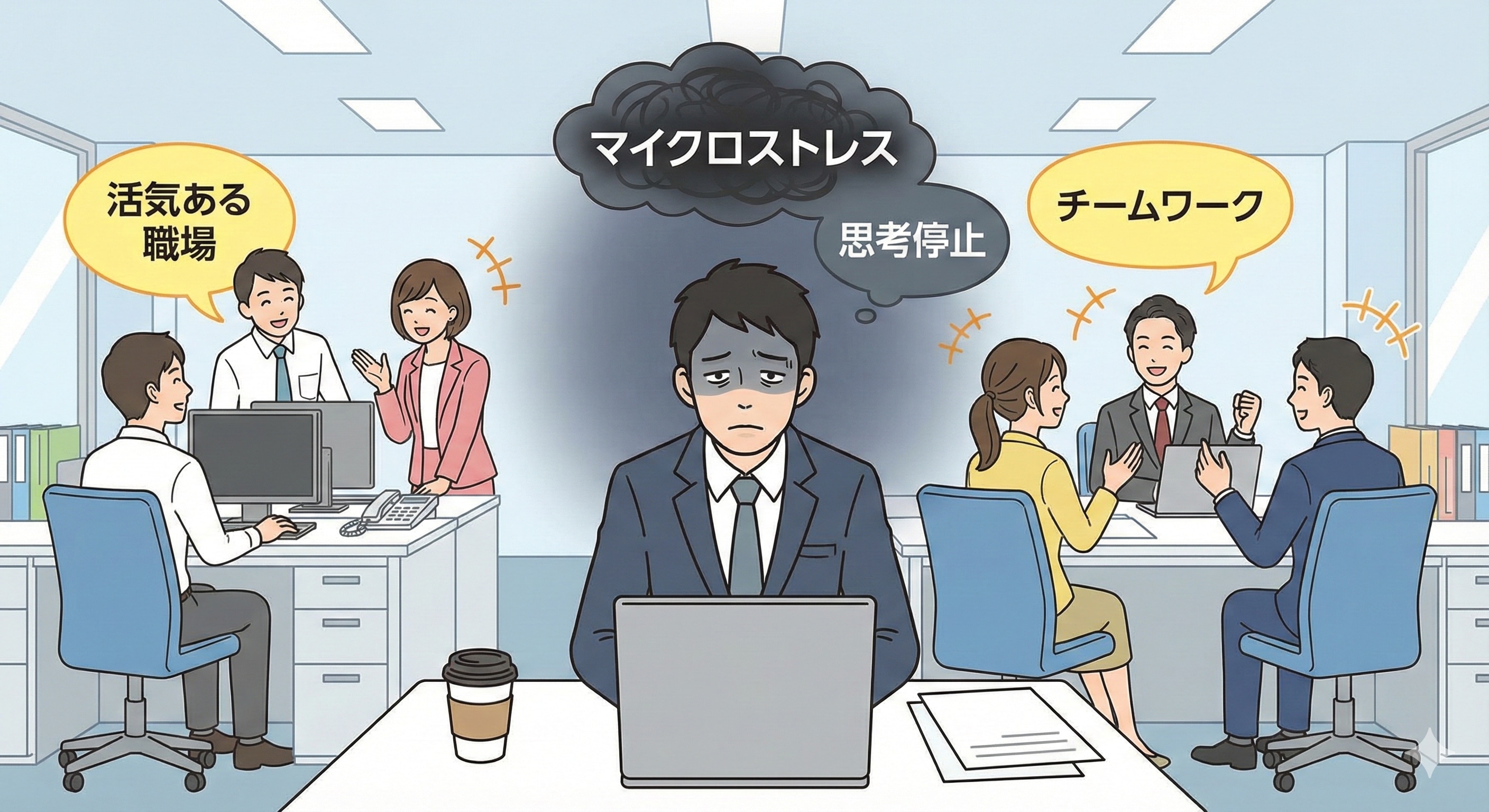 オフィスでデスクに向かっているが、頭上にモヤがかかり表情が曇っている従業員のイラスト。周囲の活気との対比。