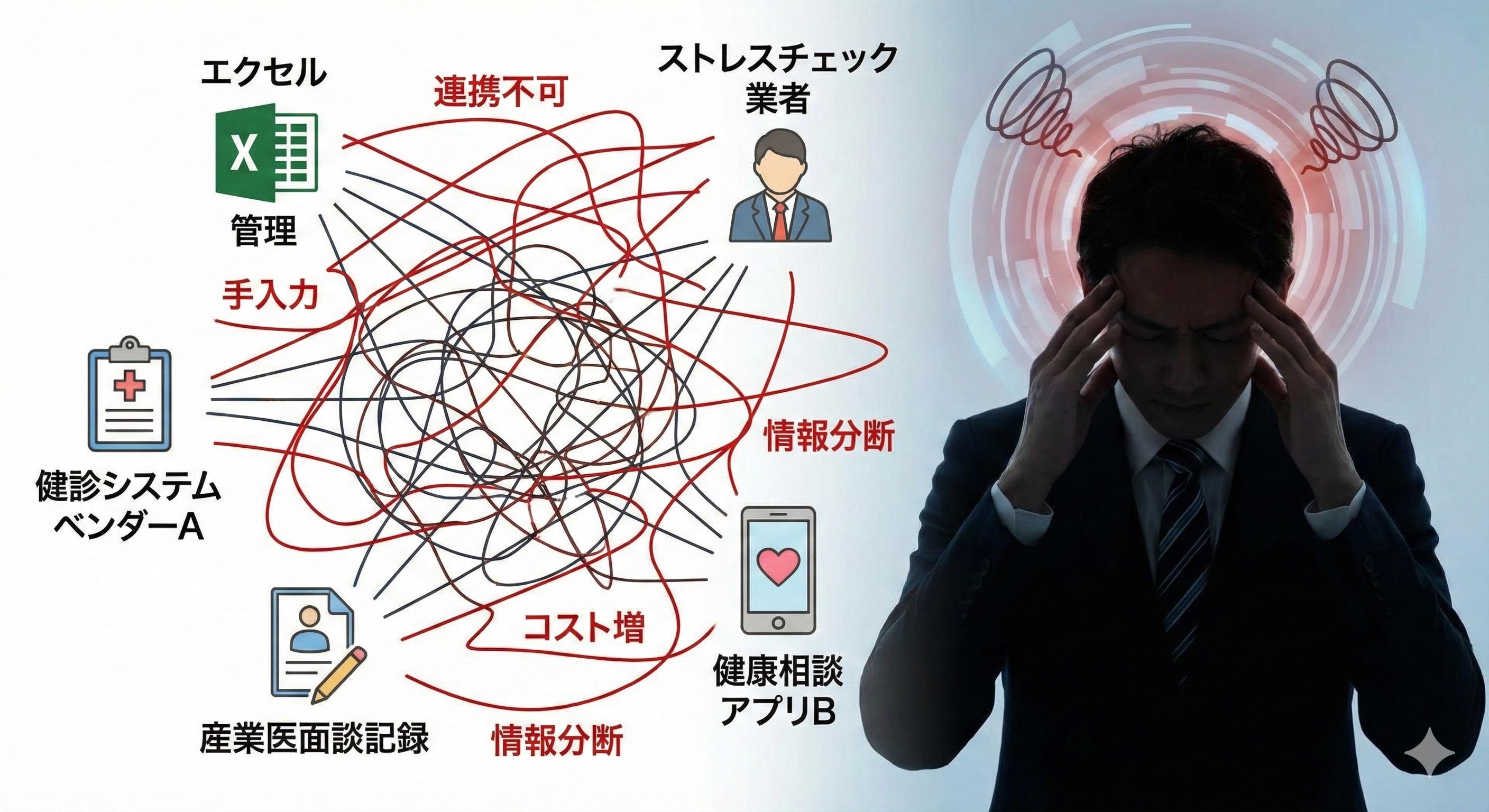管理業務がバラバラで複雑な状態の図解。複数のシステムやベンダー、Excelが絡み合っているイメージ。