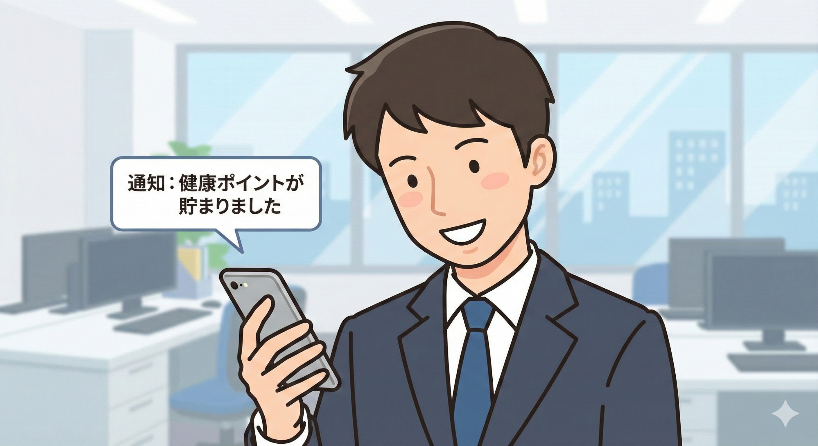 スマートフォンで福利厚生アプリの通知を受け取り、笑顔で確認しているビジネスパーソンのイラスト。