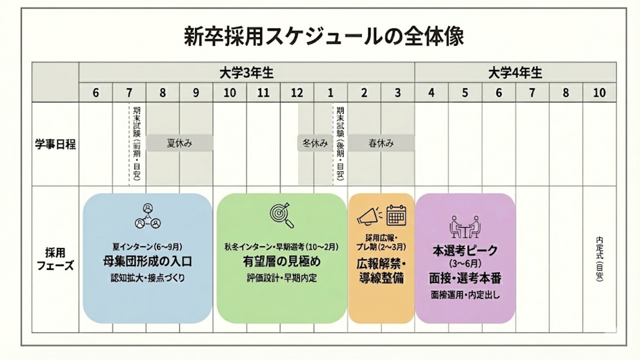 新卒採用スケジュールの全体像（27卒・28卒向け、月別・学事日程対応）