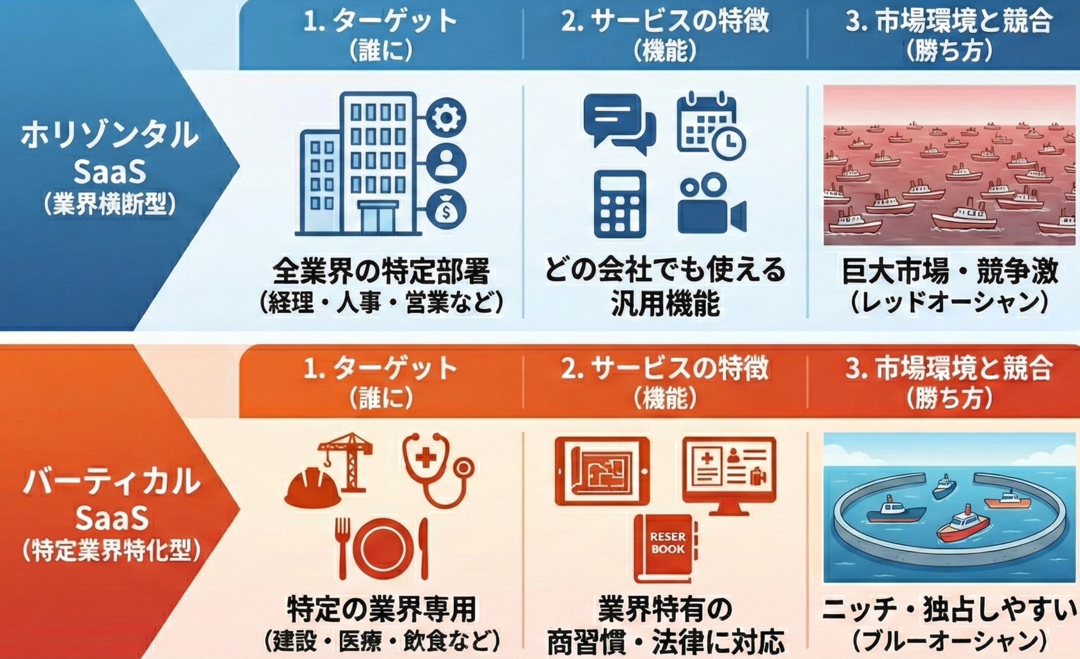 ホリゾンタルSaaSとバーティカルSaaSの比較表。ターゲット、機能、市場環境の違いまとめ