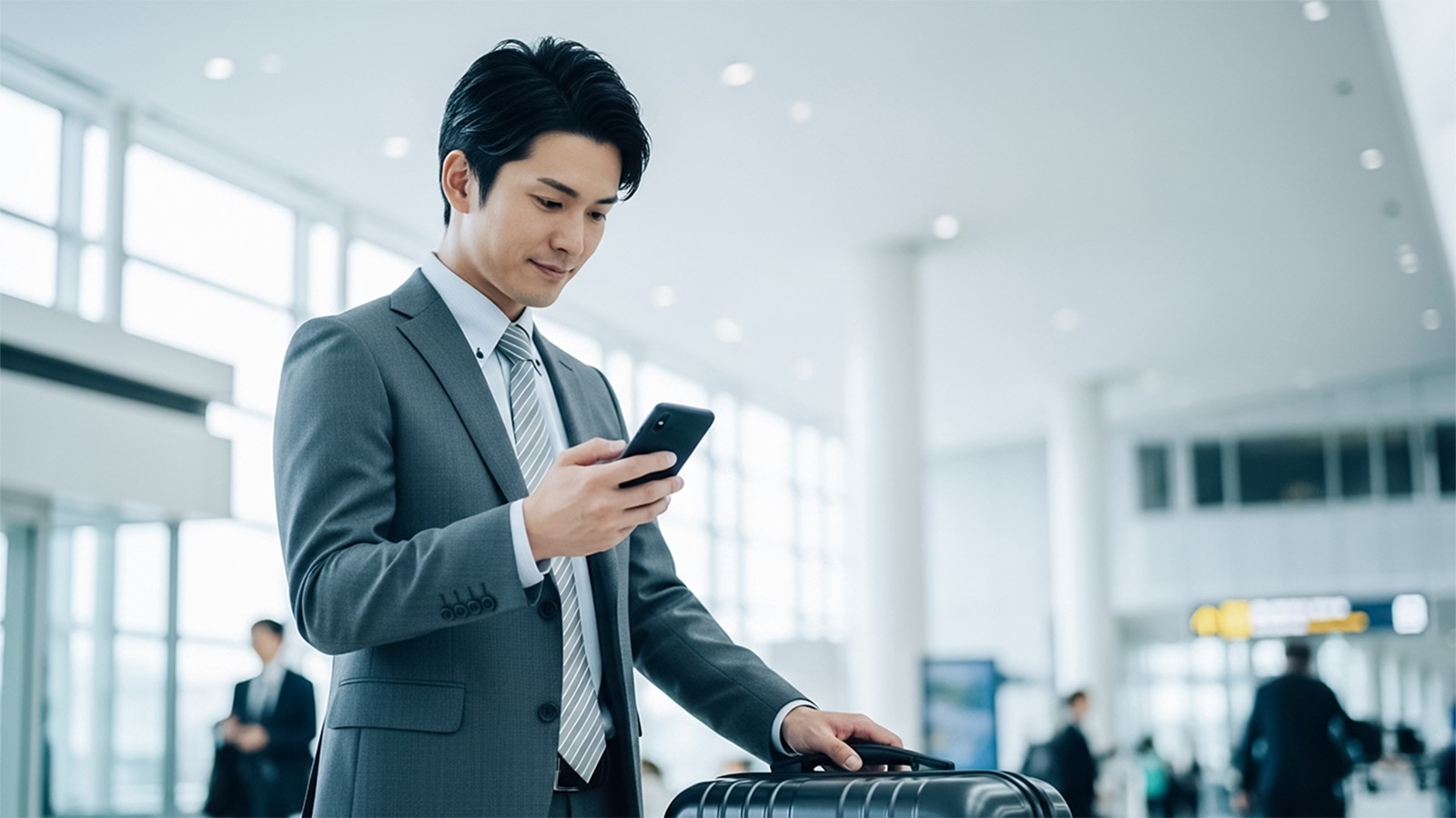 空港でスマホを見ているビジネスマン
