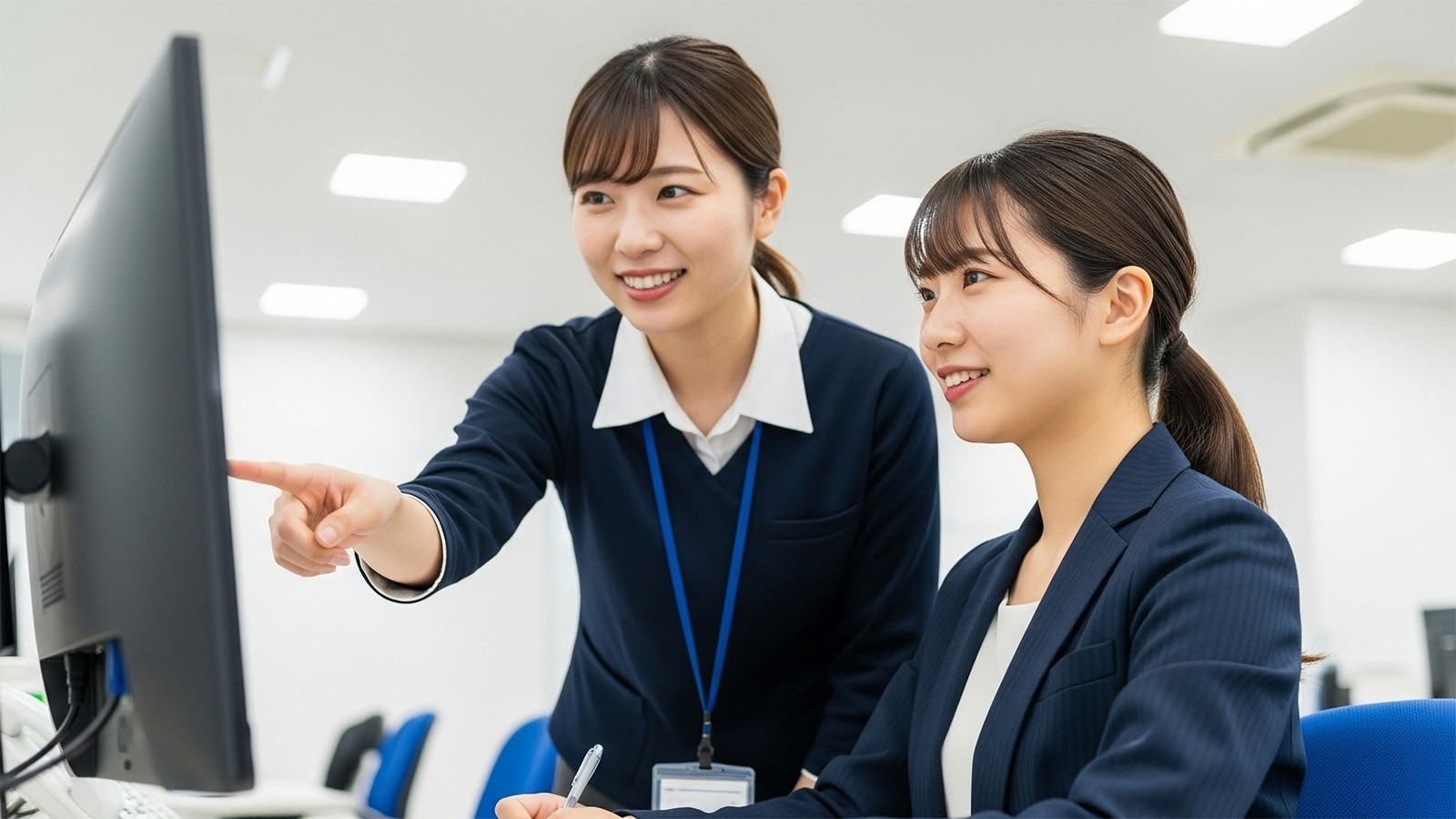 パソコンの前で先輩社員が若手社員にメール作成を教えている姿