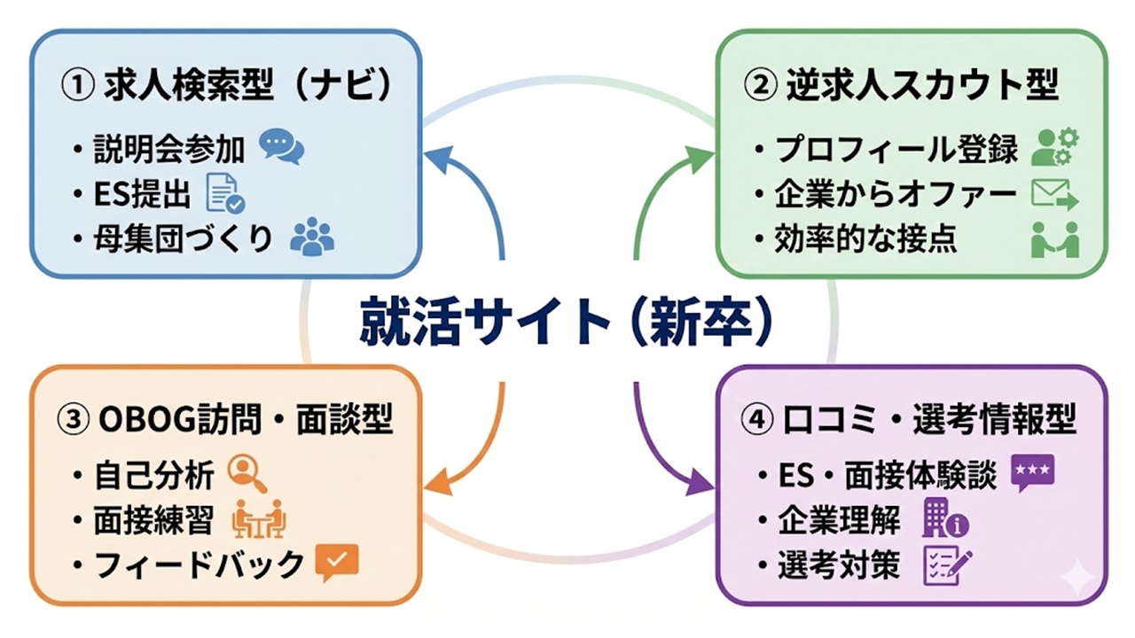 就活サイトを求人検索・逆求人スカウト・OB訪問・口コミの4種類に整理した図解
