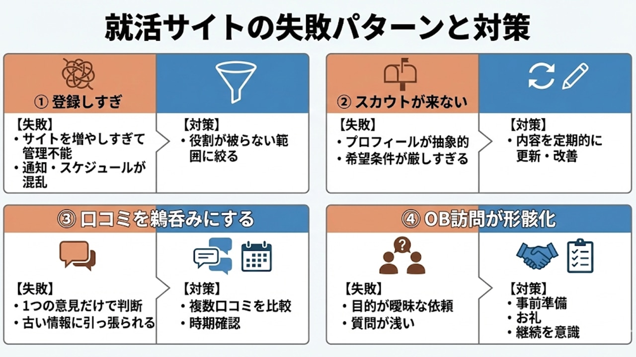 就活サイトの失敗パターンと対策を4つに整理した図解
