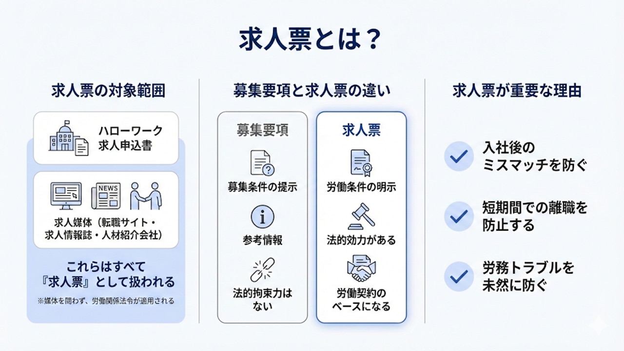 求人票では、業務内容や就業場所について、雇い入れ直後の内容に加えて将来の変更の範囲まで明示する必要があることを示した図
