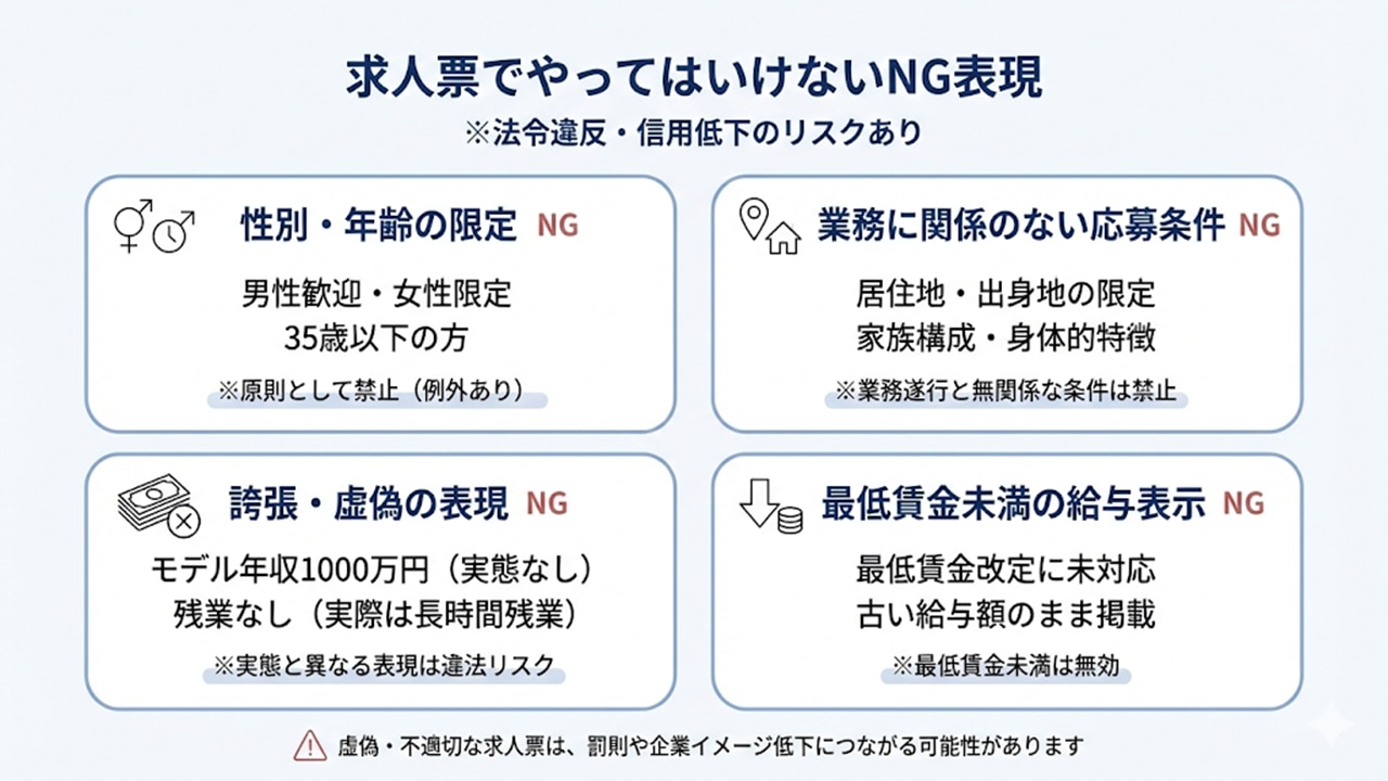 求人票のNG項目・禁止表現まとめ：法令違反や信用低下のリスクを避けるためのチェックリスト