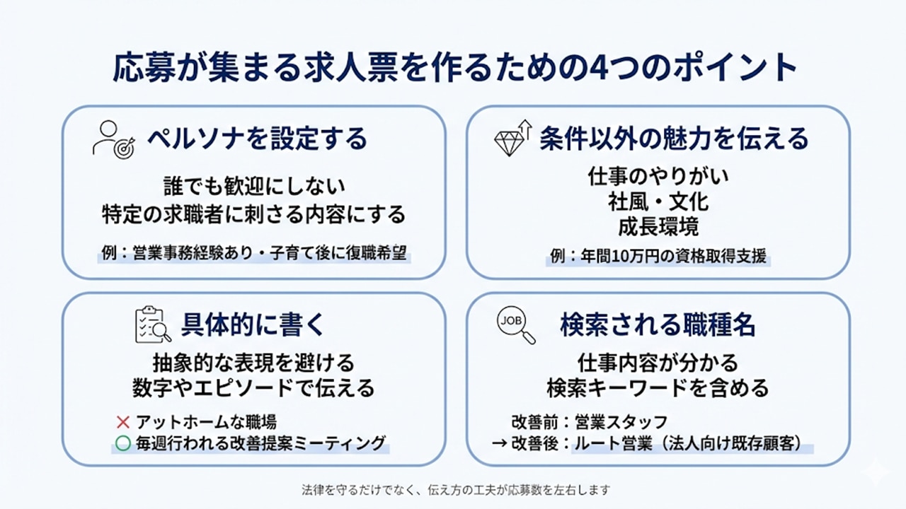 応募が集まる求人票の書き方：ターゲット設定や自社の魅力発信など4つの実践ポイントまとめ図