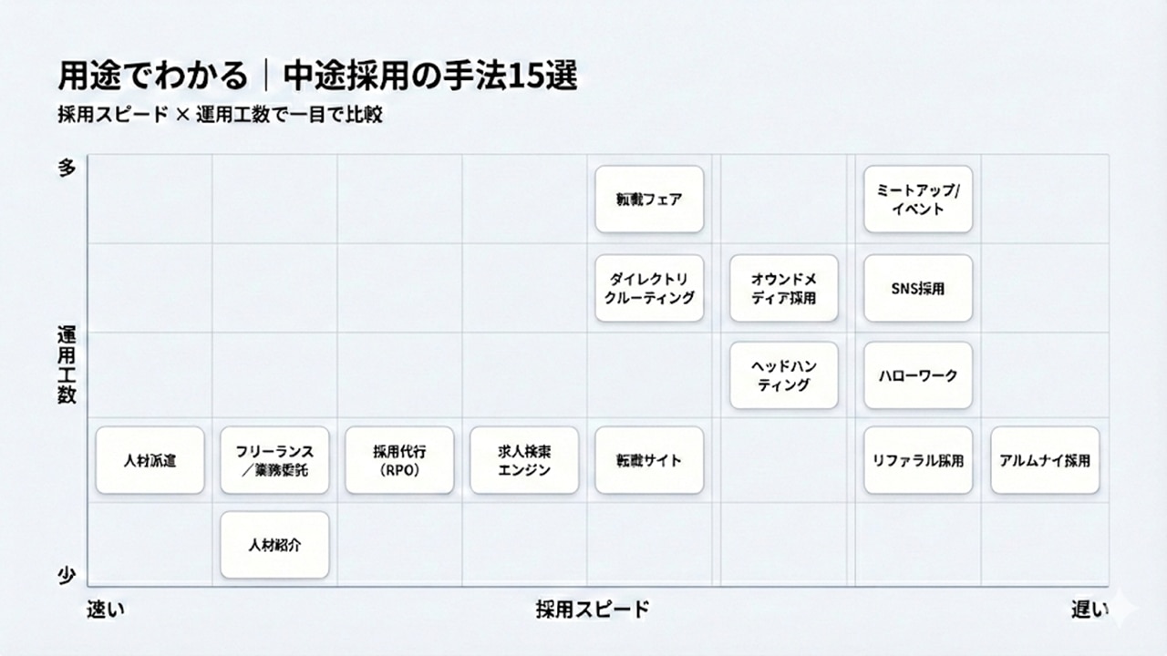 中途採用の手法15選を「採用スピード（速い→遅い）」×「運用工数（少→多）」で整理したマトリックス図。