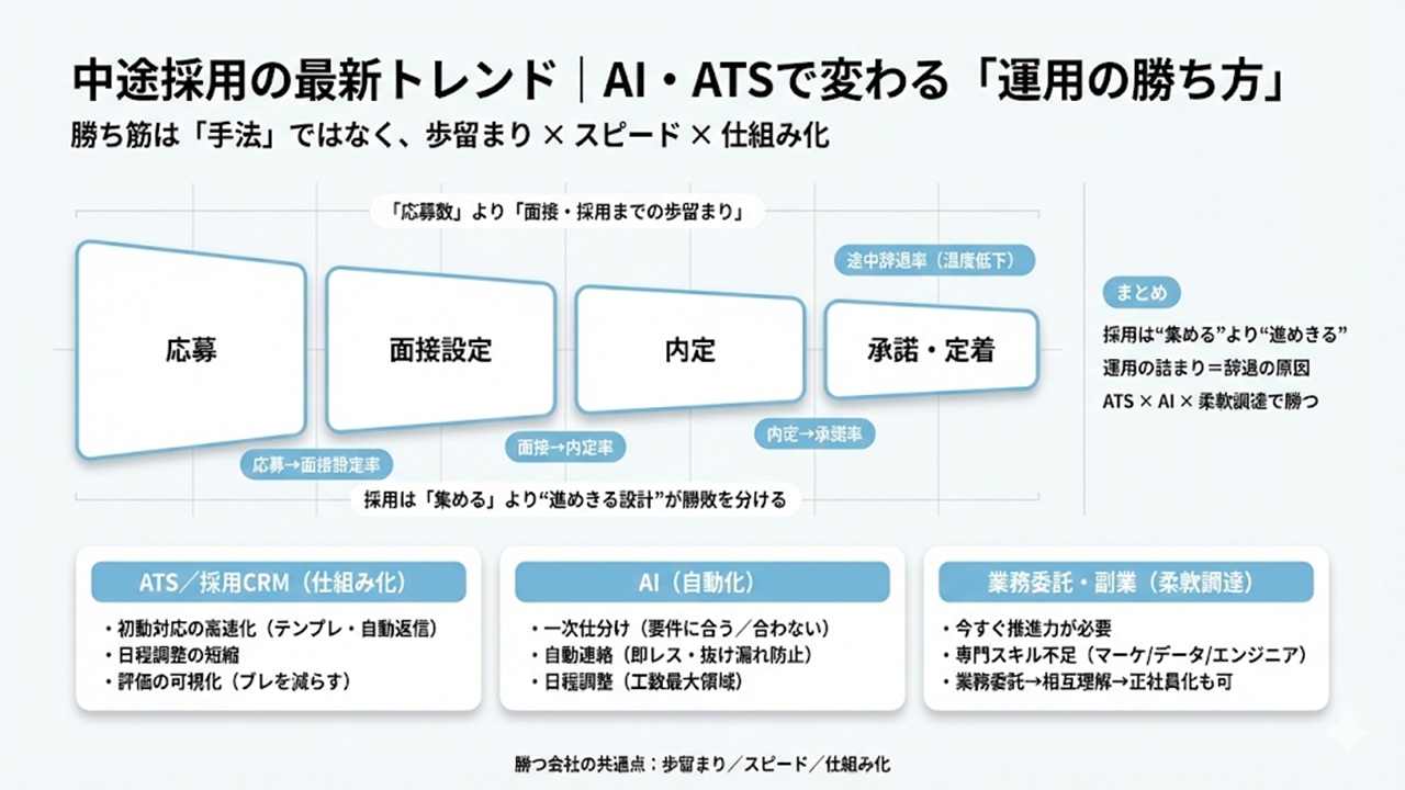 中途採用は「手法」よりも歩留まりとスピード、仕組み化（ATS・AI・業務委託）で勝つことを示す図。