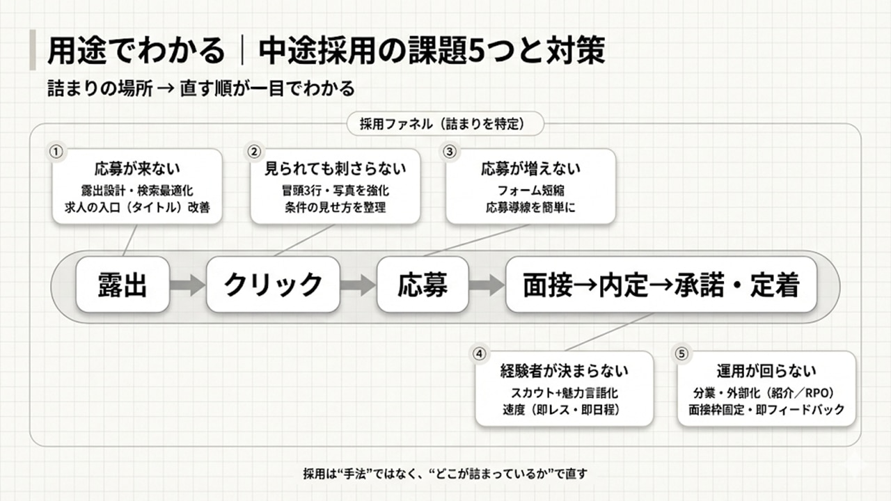 中途採用の採用ファネル（露出→クリック→応募→面接→内定→承諾・定着）上で、詰まりやすい5課題と優先的な打ち手を示した図。