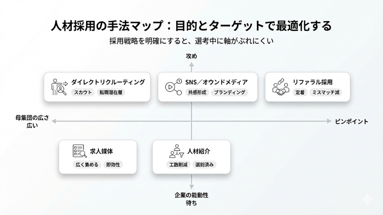 採用手法を「母集団の広さ×企業の能動性」で整理したマップ図