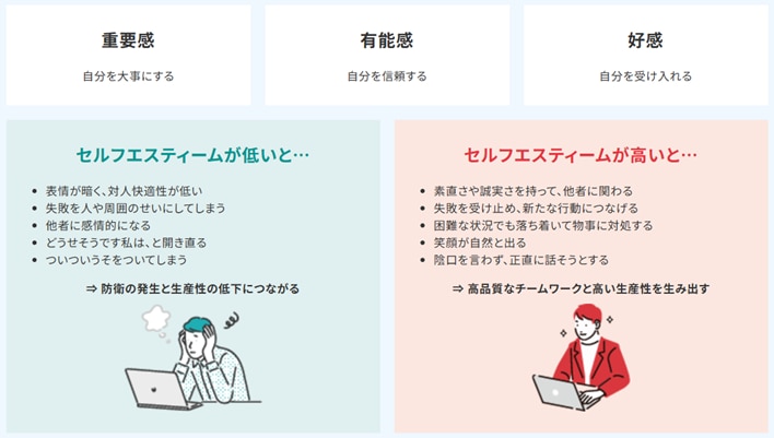 セルフエスティームとは ・重要感 自分を大事にする ・有能感 自分を信頼する ・好感 自分を受け入れる  セルフエスティームが低いと… 表情が暗く、対人快適性が低い 失敗を人や周囲のせいにしてしまう 他者に感情的になる どうせそうです私は、と開き直る ついついうそをついてしまう ⇒ 防衛の発生と生産性の低下につながる  セルフエスティームが高いと… 素直さや誠実さを持って、他者に関わる 失敗を受け止め、新たな行動につなげる 困難な状況でも落ち着いて物事に対処する 笑顔が自然と出る 陰口を言わず、正直に話そうとする ⇒ 高品質なチームワークと高い生産性を生み出す