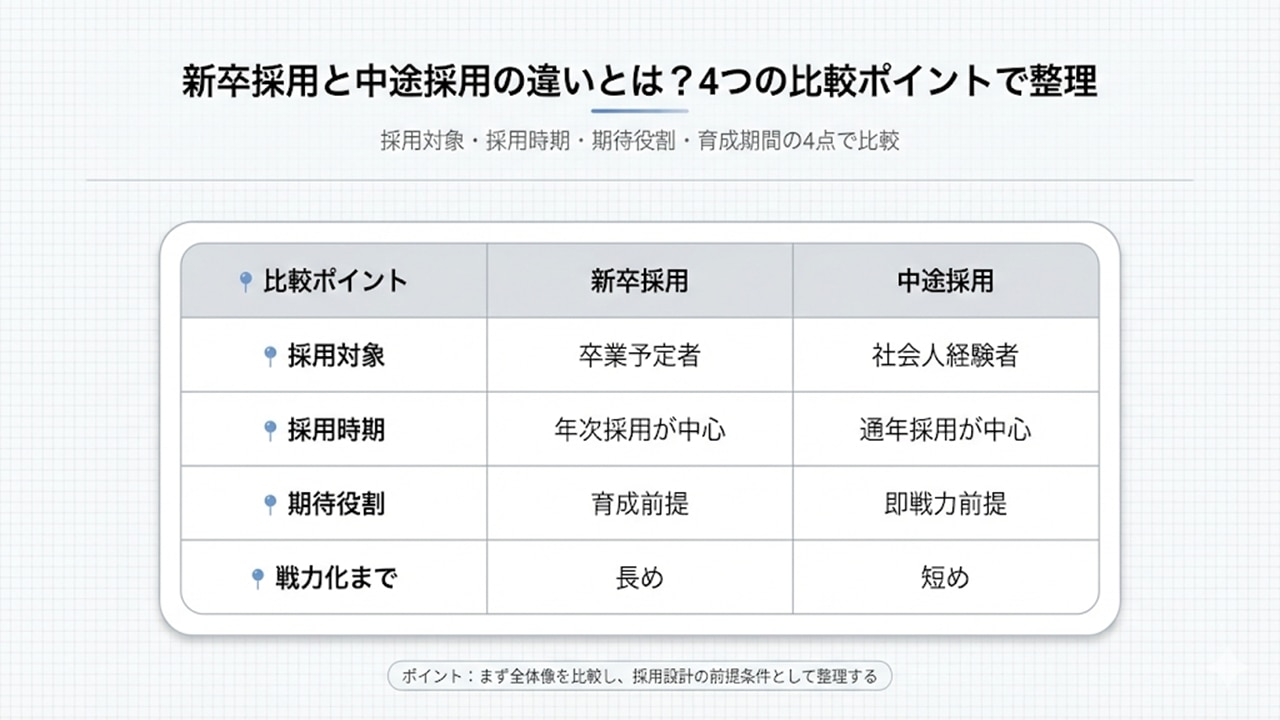新卒採用と中途採用の違いを「対象・時期・期待役割・育成期間」の4項目で比較した表