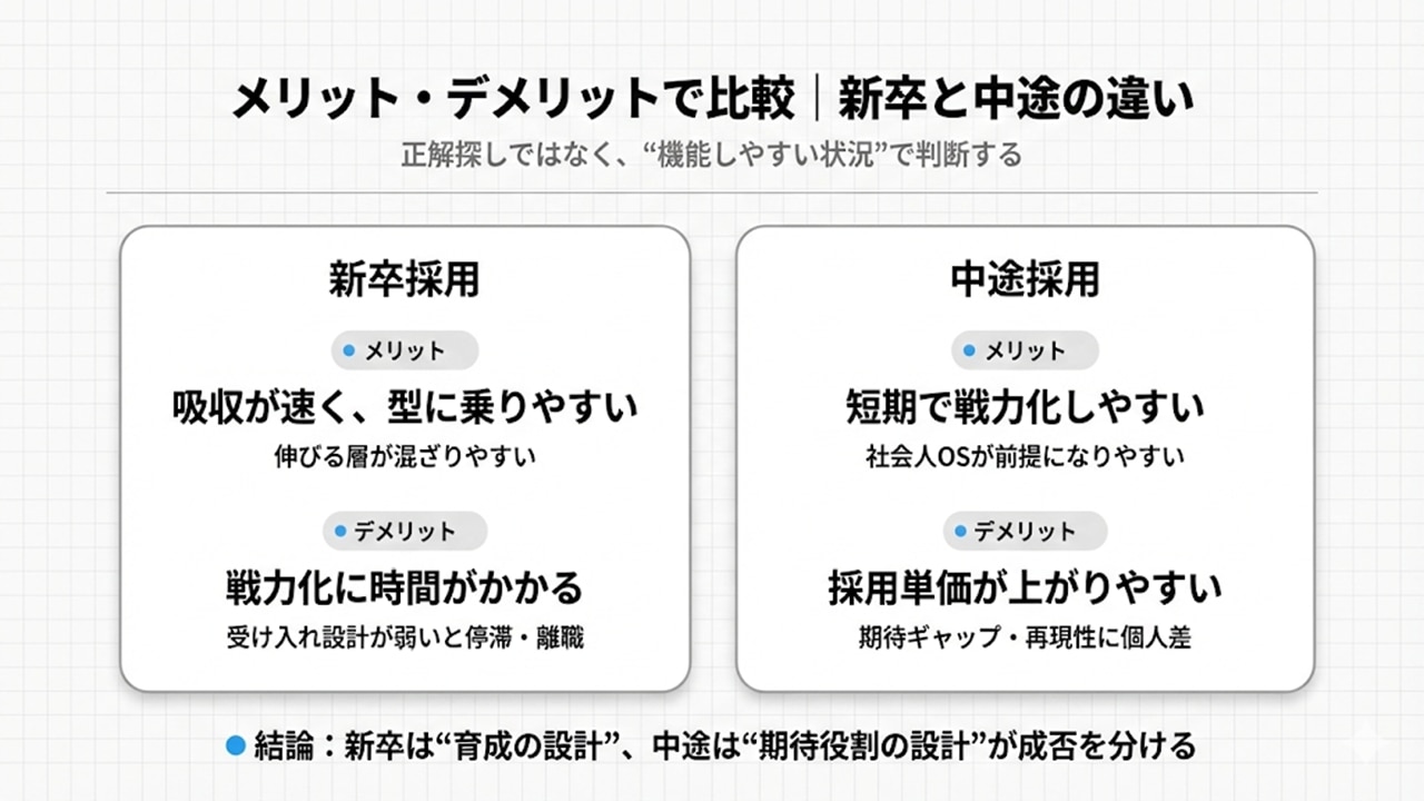 新卒採用と中途採用のメリット・デメリットを対比して整理した図