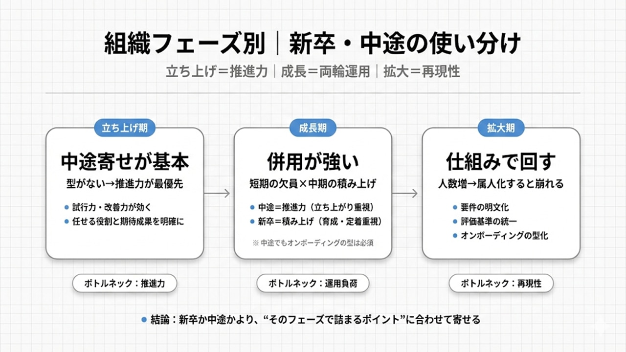立ち上げ期・成長期・拡大期で新卒と中途の使い分けを整理した図
