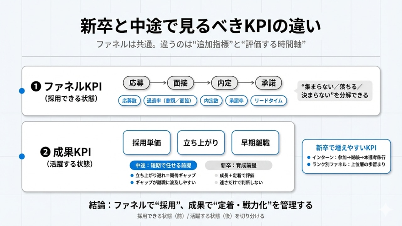 採用ファネルKPIと成果KPIの違いを、新卒・中途の観点で整理した図
