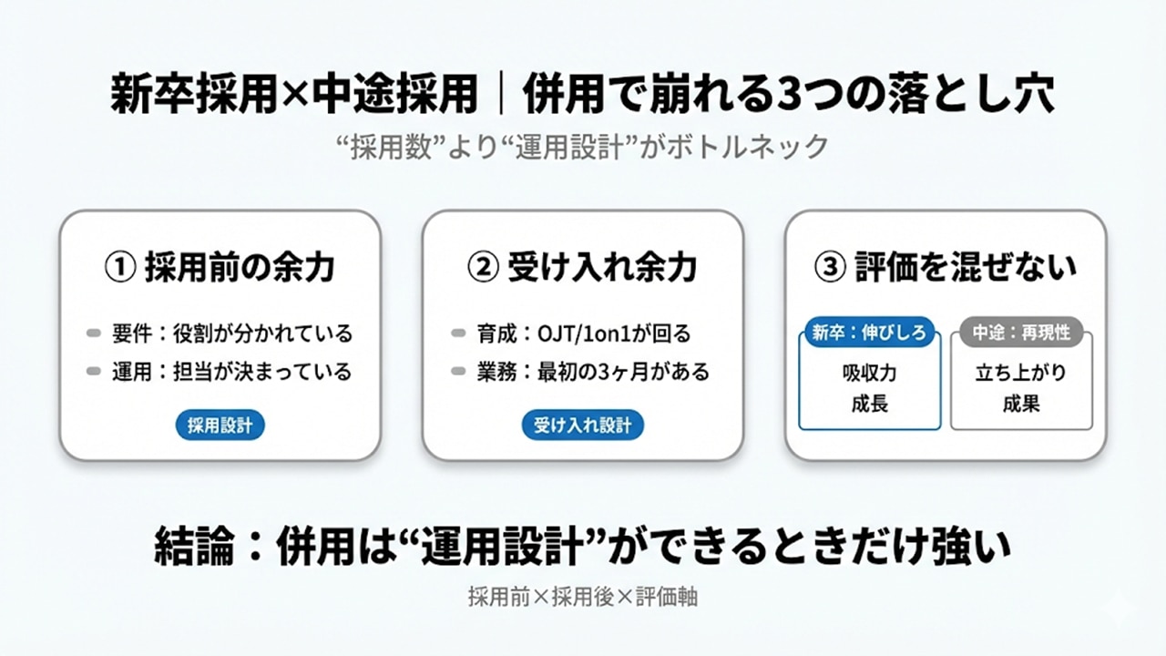 新卒採用×中途採用の併用で崩れやすい落とし穴を「採用前の余力」「受け入れ余力」「評価軸を混ぜない」の3点で整理した図