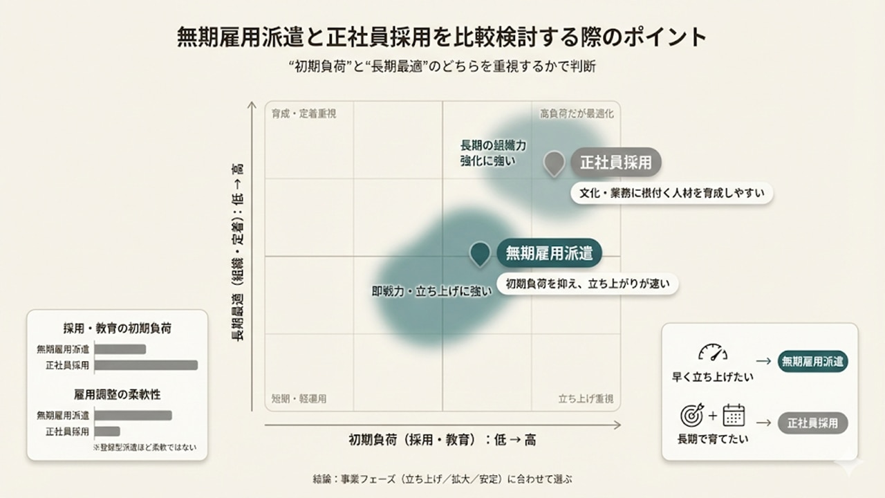 無期雇用派遣と正社員採用の判断図（初期負荷×長期最適で比較し、適切な選択を示す）