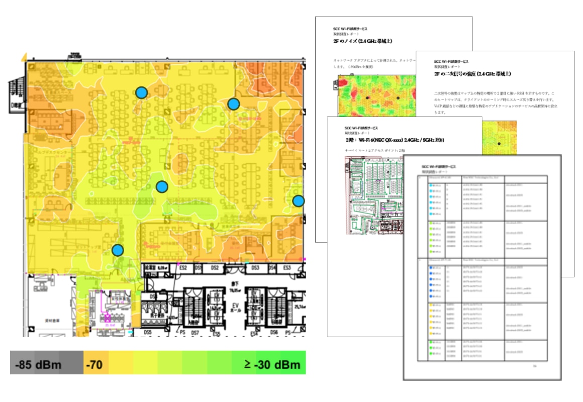 SCCWi-Fi診断サービス概要画像。ヒートマップとレポートサンプル例が４つ