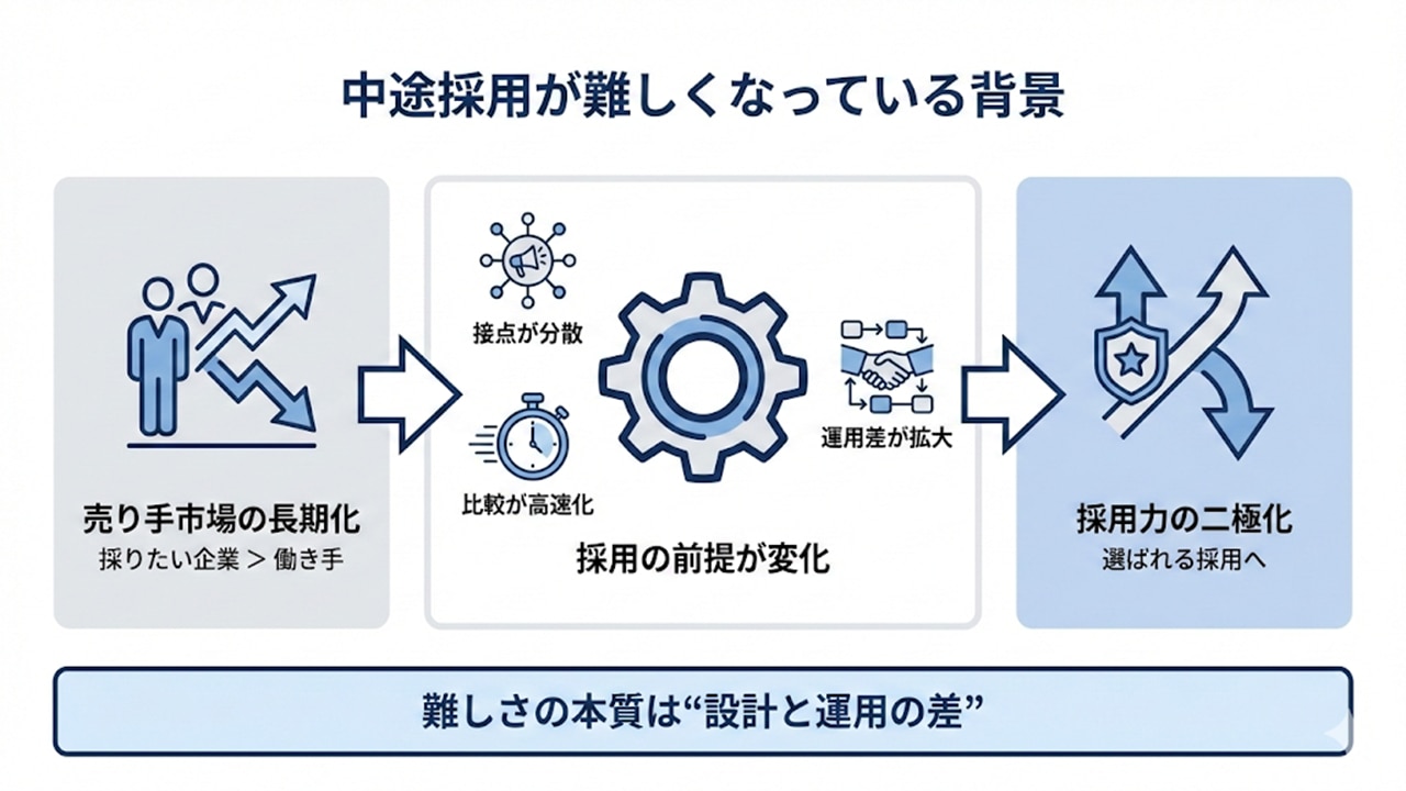 中途採用が難しくなる背景として、売り手市場の長期化と運用差拡大による採用力の二極化を示す図
