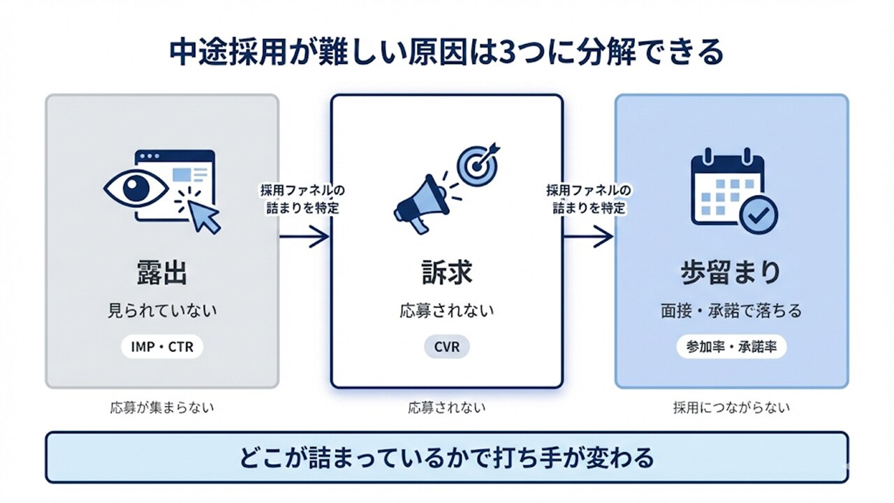 中途採用が難しい原因を露出・訴求・歩留まりの3要素に分解して整理した図